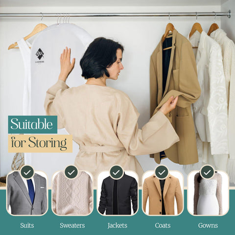 Closet organized with Cashmere Kiwi 60-inch garment bag storage solution