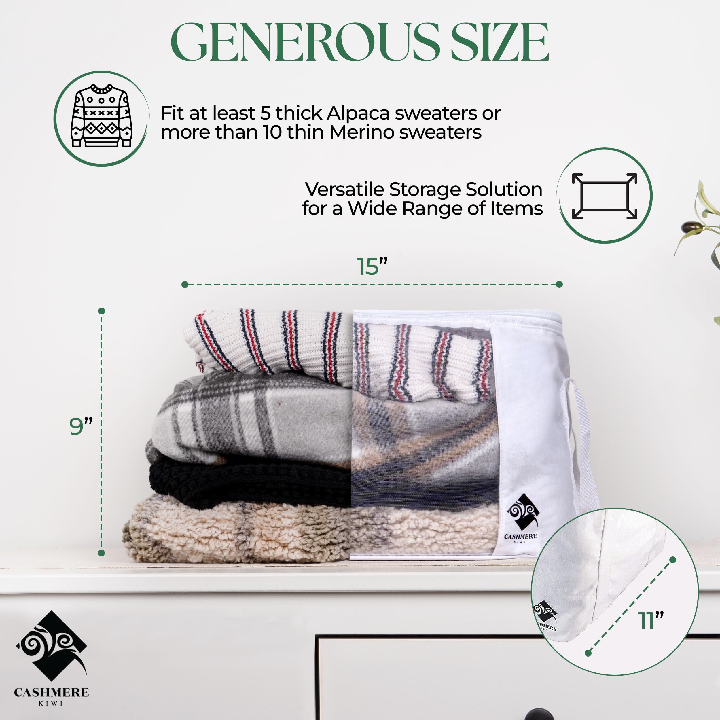 Cashmere Kiwi closet-organized sweaters neatly arranged within storage bag.
