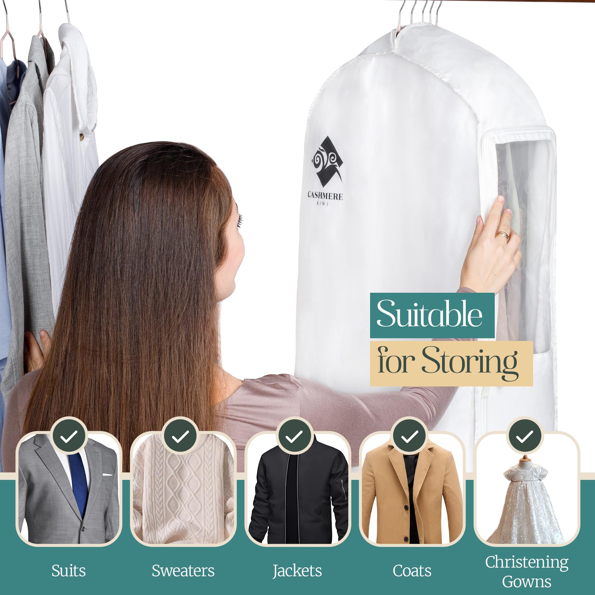 Cashmere Kiwi double-zipper closure provides secure and easy access to garments.