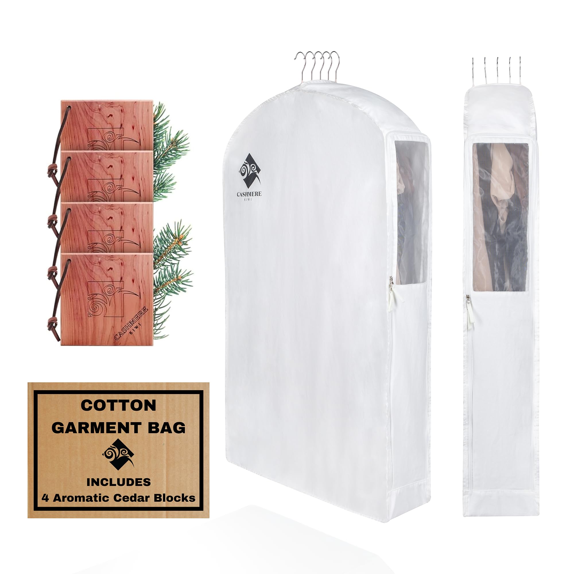 Cashmere Kiwi garment bag hanging in a closet protecting formal wear from dust.