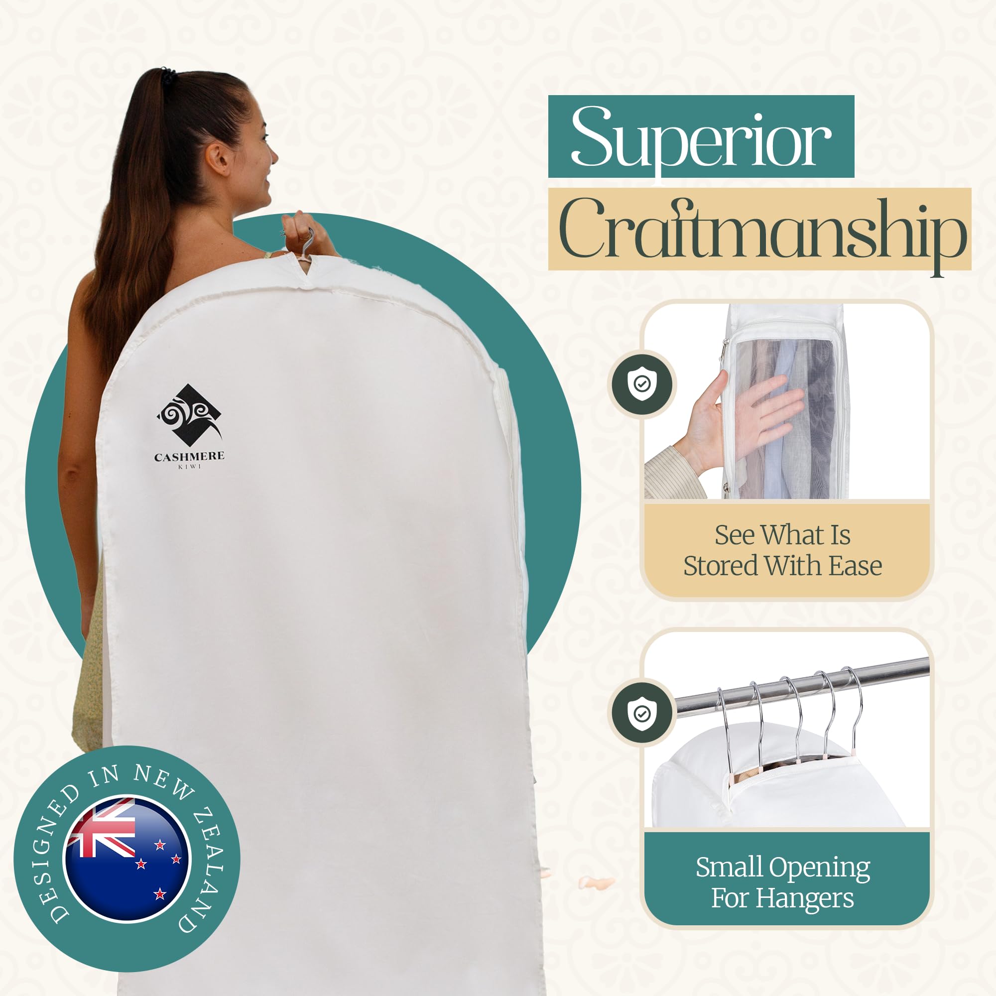 Mesh window on Cashmere Kiwi garment bag enables quick outfit checks