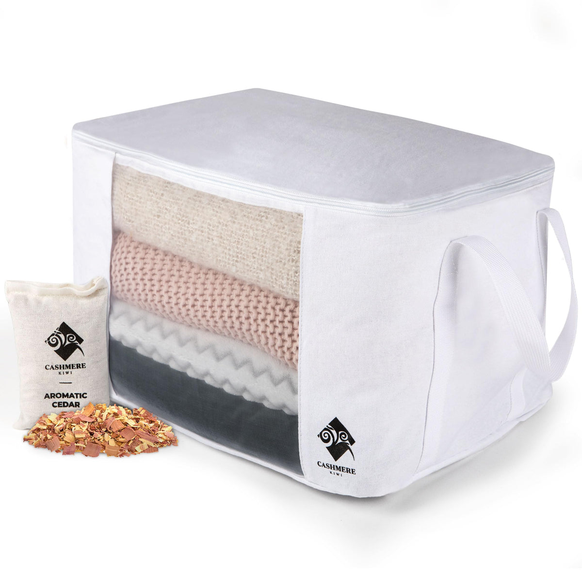 Cashmere Kiwi sweater storage bag with cedar for moth protection and breathability.