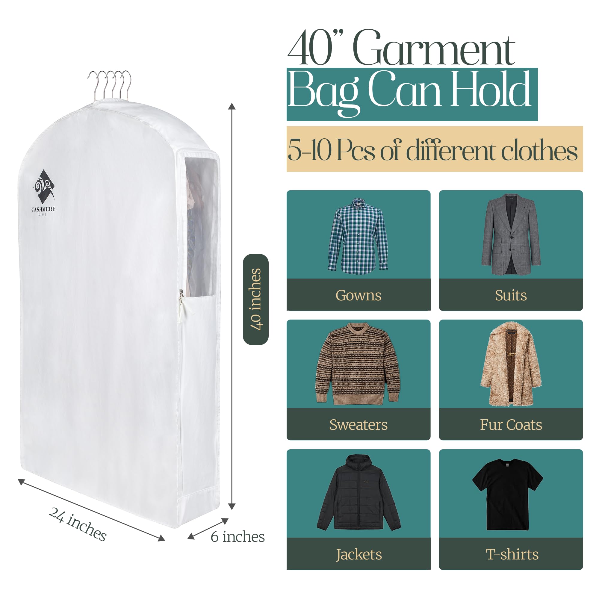 Cashmere Kiwi white garment bag shown in a clean, modern closet setting.