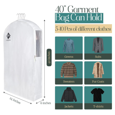 Cashmere Kiwi white garment bag shown in a clean, modern closet setting.