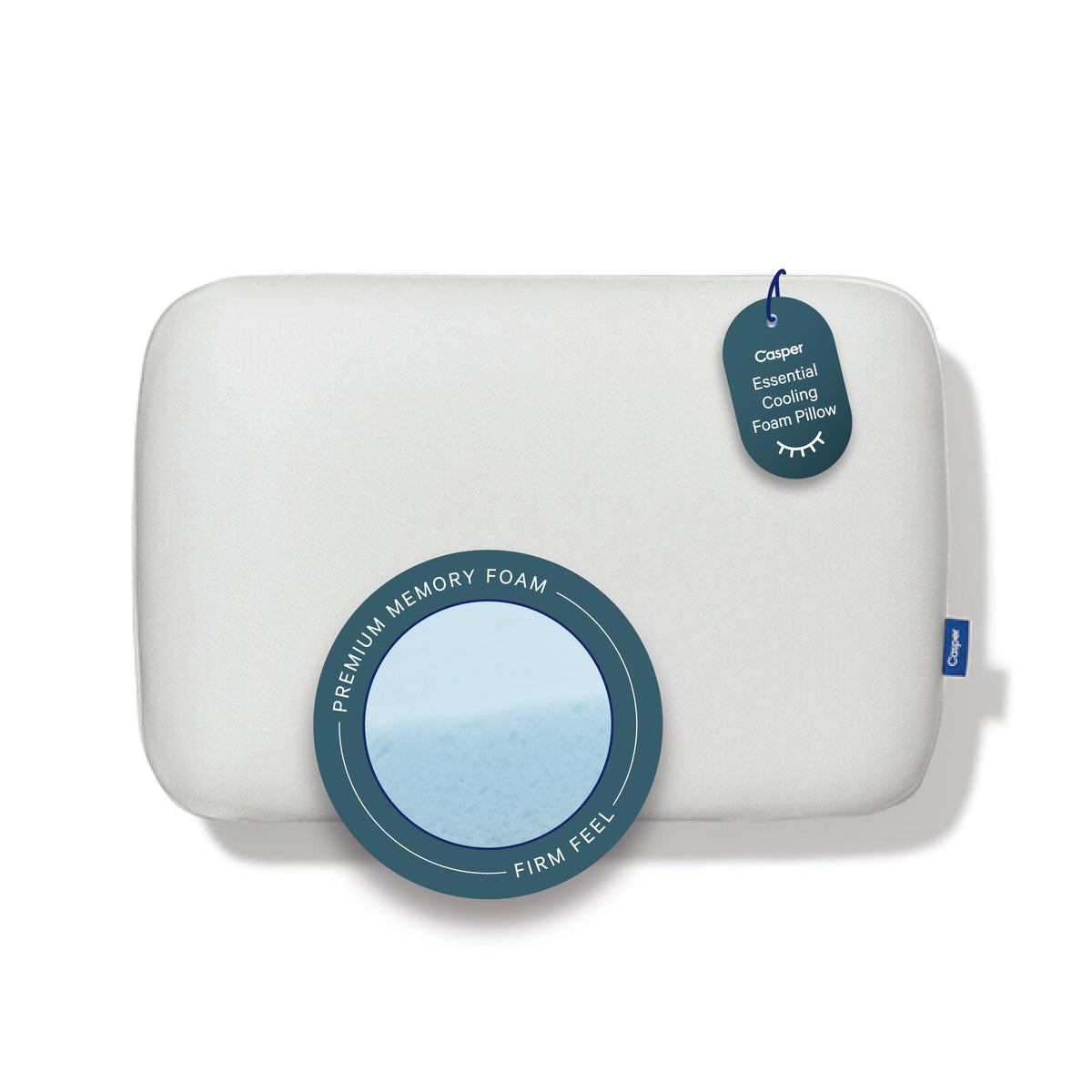 Casper Sleep Essential cooling foam pillow close-up shows premium memory foam maintaining shape for lasting support.