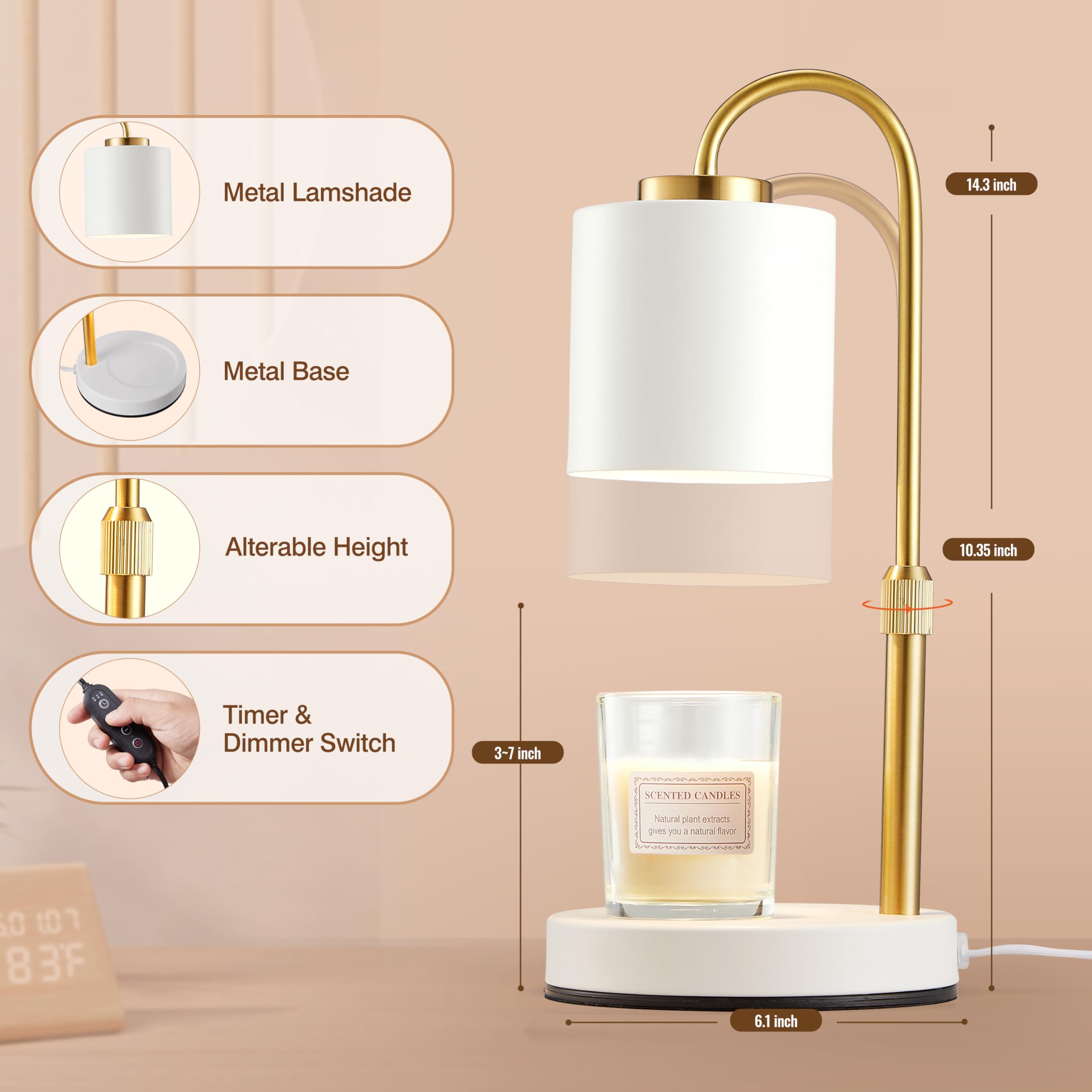 CASTLELIFE Candle Warmer Lamp with dimmer shows adjustable warmth for mood setting.
