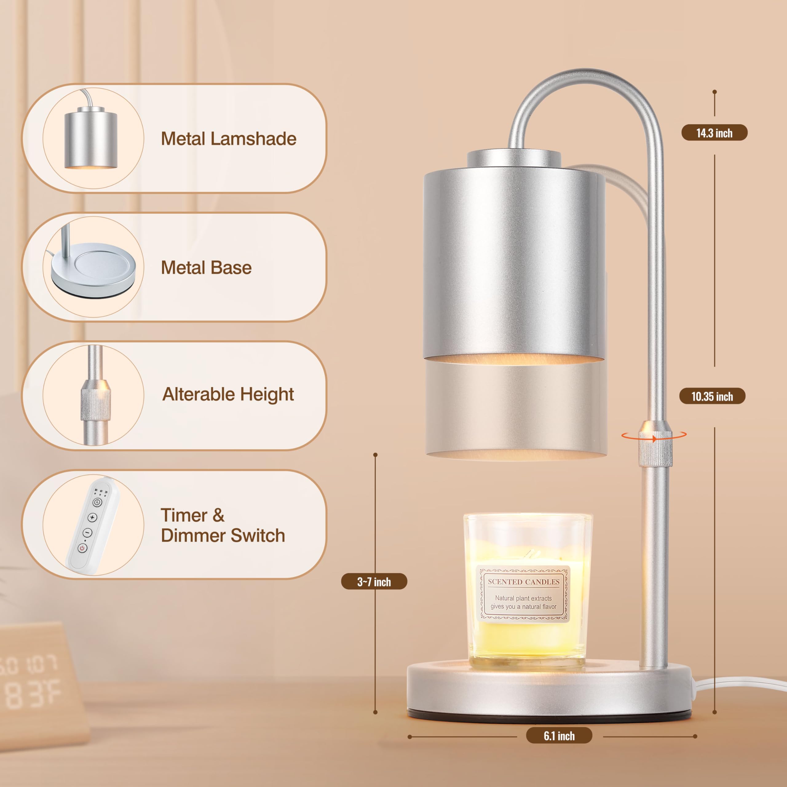 CASTLELIFE Candle Warmer Lamp height adjustment for gentler or stronger heat.