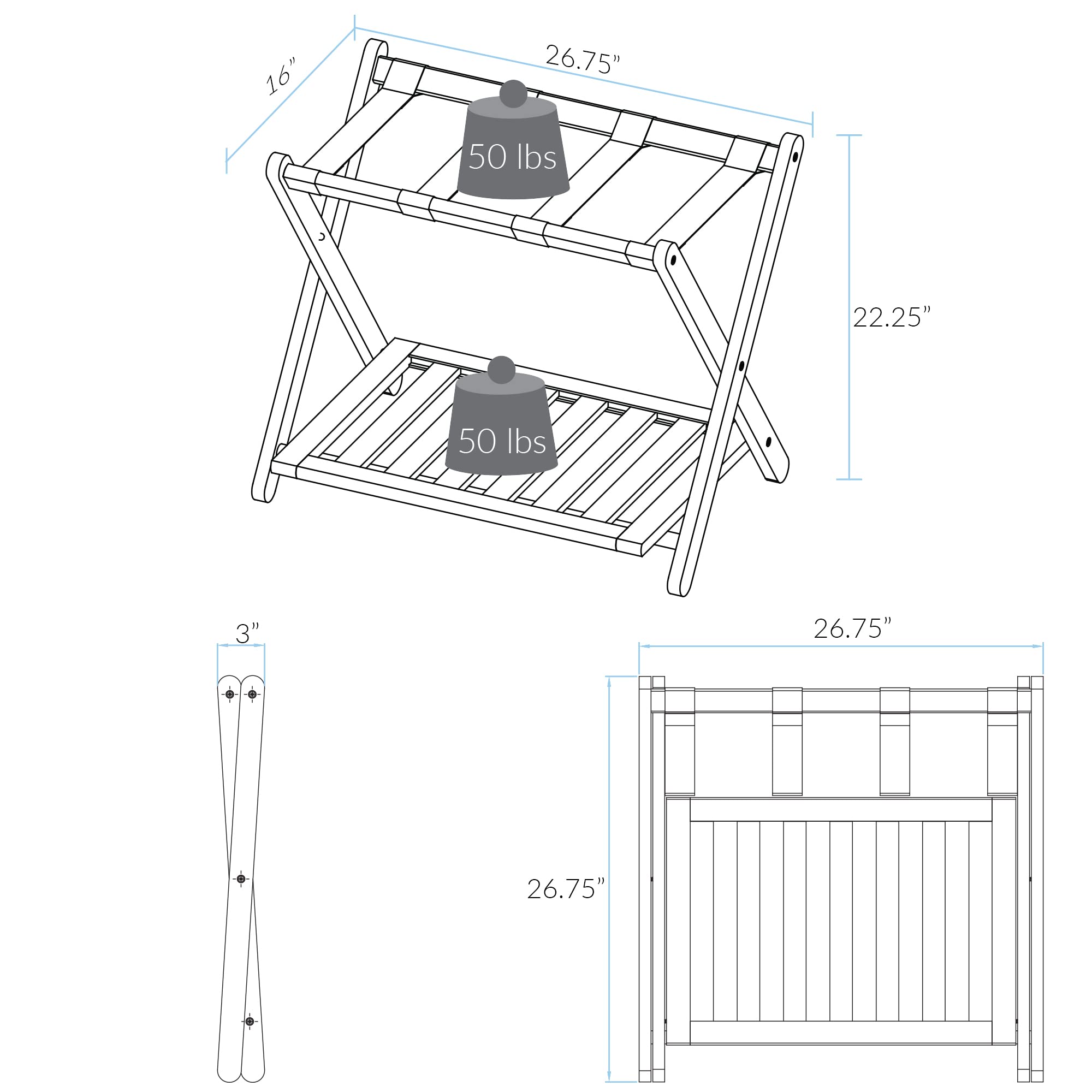 Casual Home luggage rack dimensions 22.25 inches high by 26.75 inches wide.