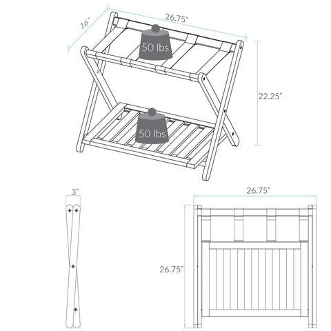 Casual Home luggage rack dimensions 22.25 inches high by 26.75 inches wide.