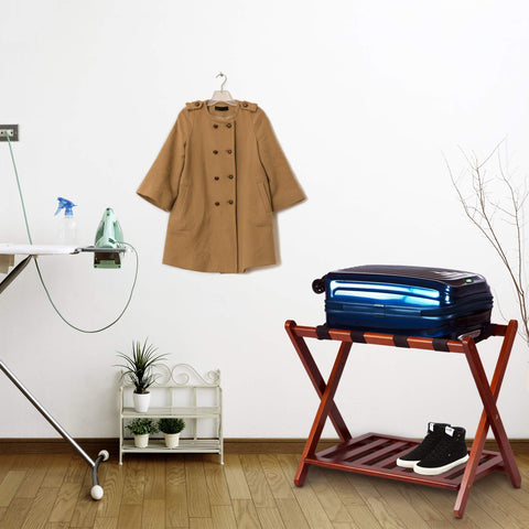 Casual Home folding luggage rack folds for compact storage.