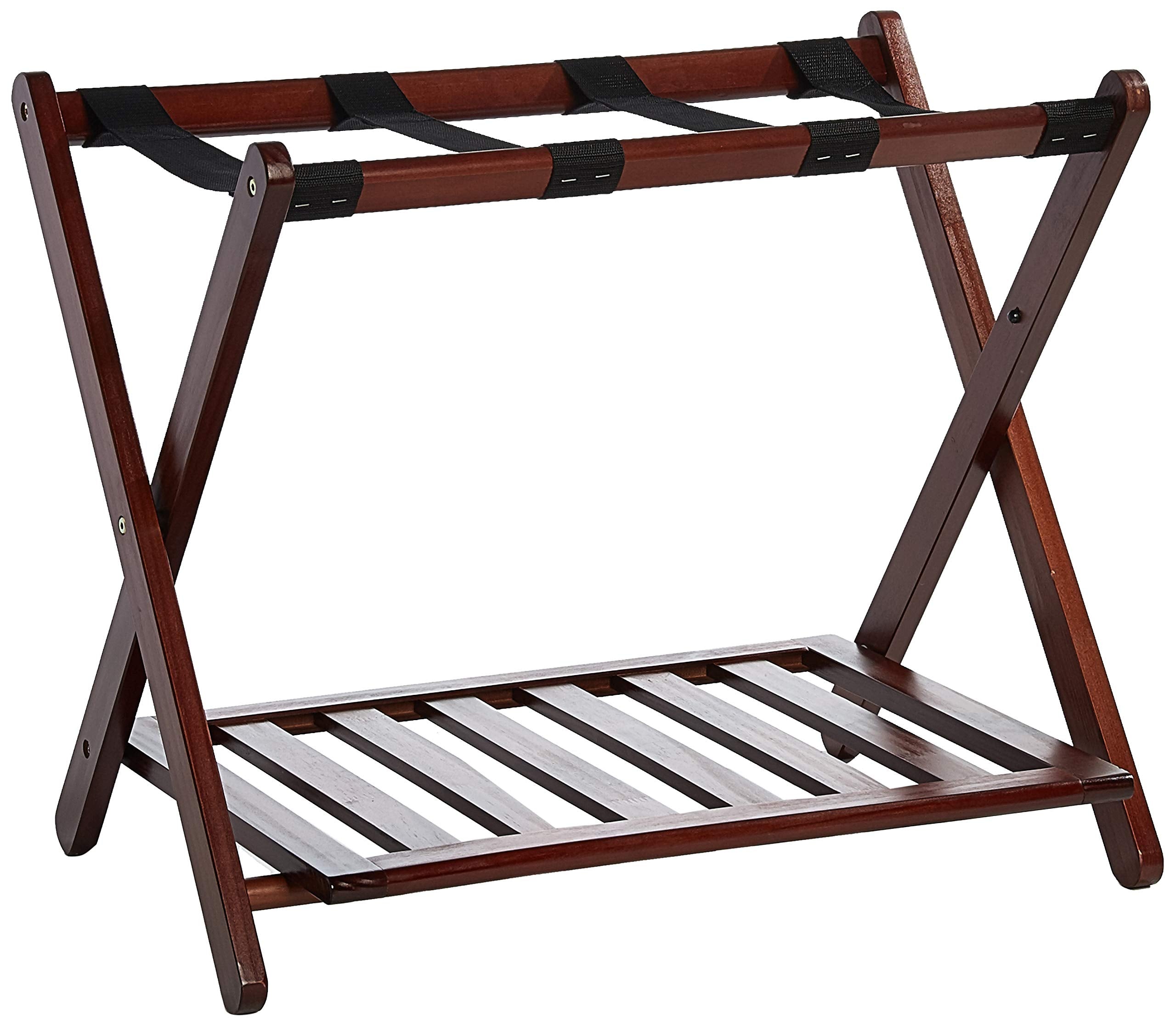 Casual Home walnut luggage rack top holds most luggage securely.