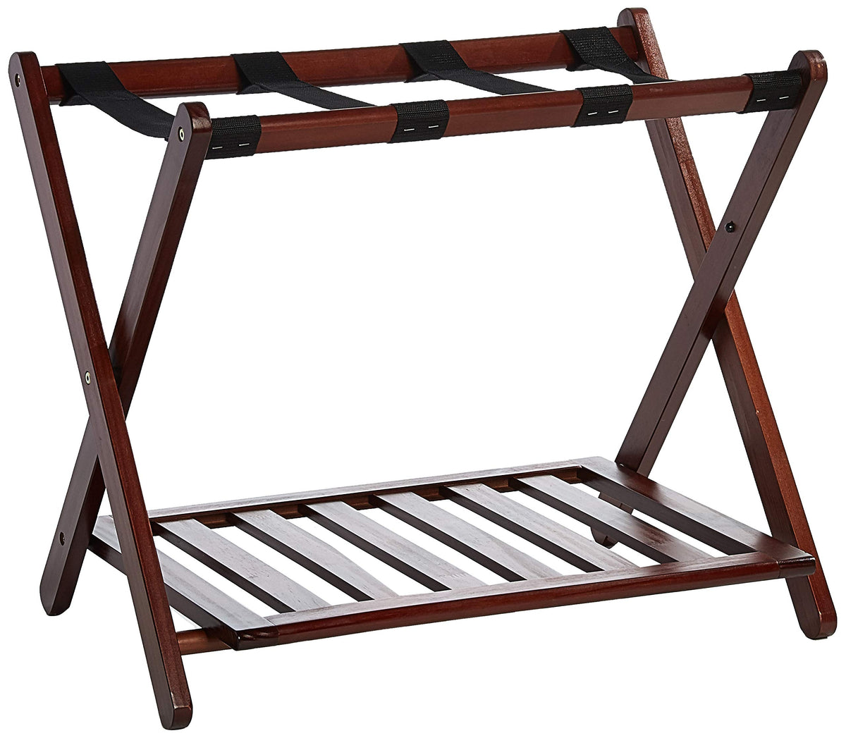 Casual Home walnut luggage rack top holds most luggage securely.