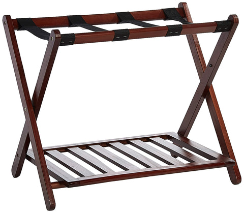 Casual Home walnut luggage rack top holds most luggage securely.