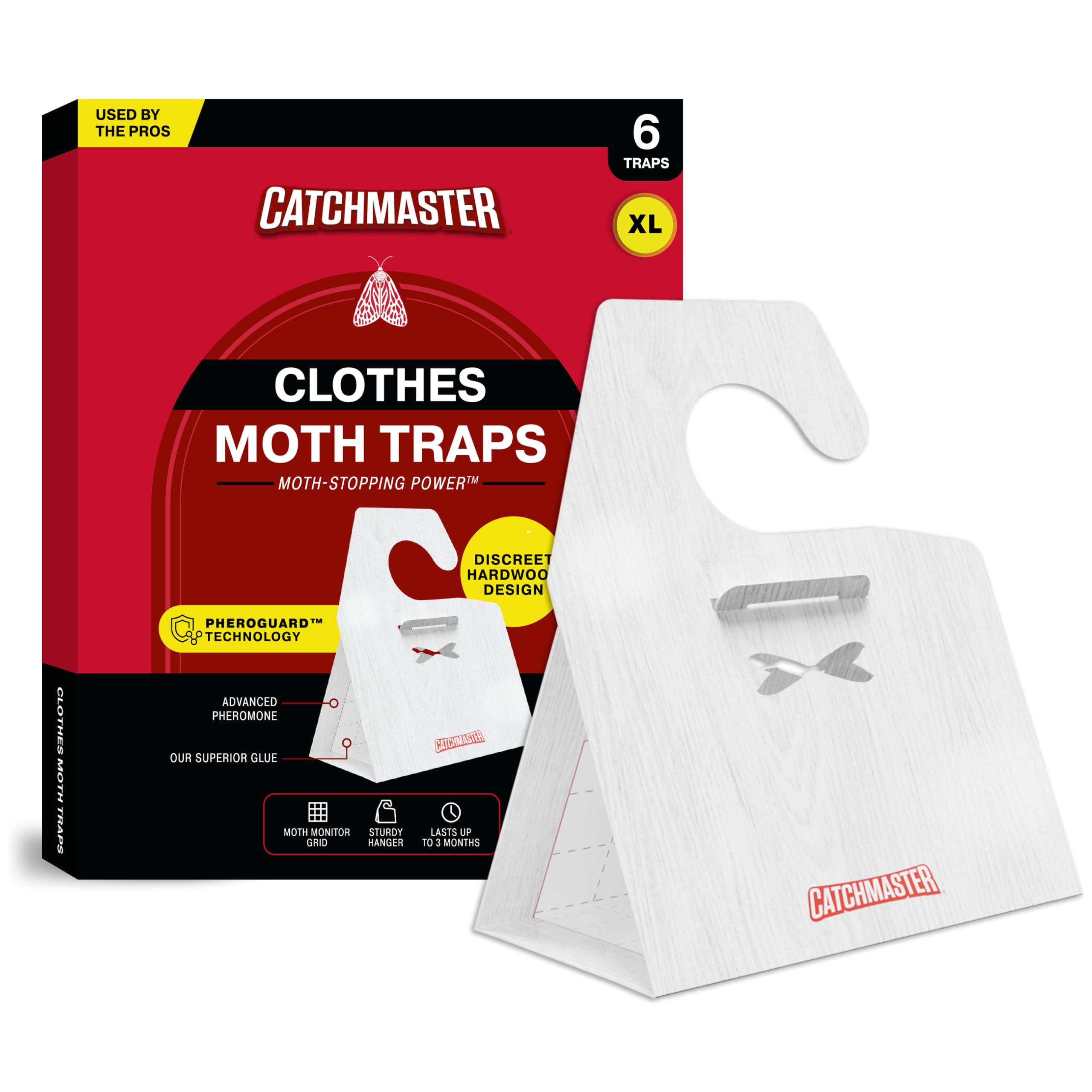 Catchmaster clothing moth traps with XL hardwood design attract moths in a closet, protecting textiles.