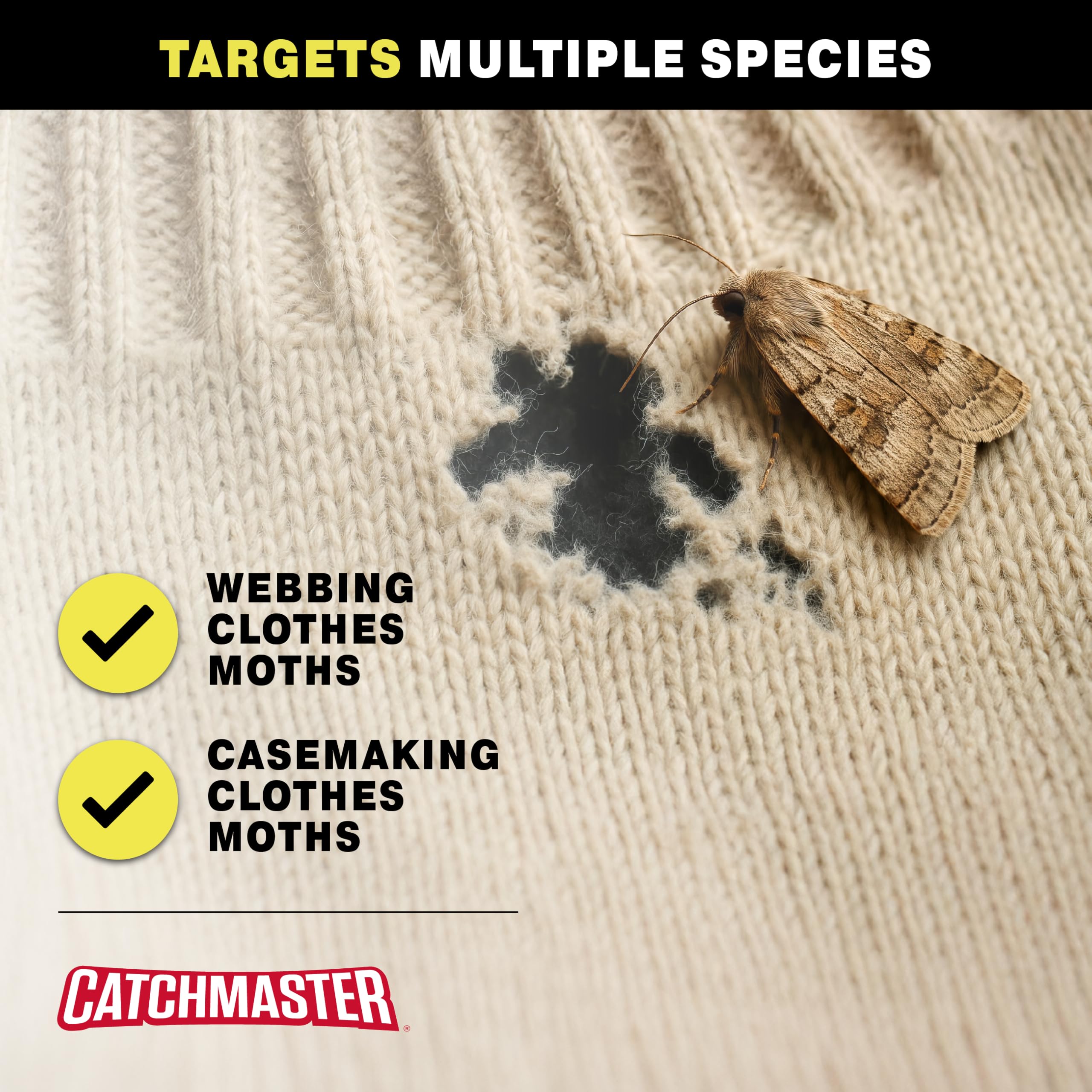 Catchmaster dresser-storage trap protects fabrics stored in drawers from moths.
