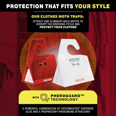 Catchmaster premium odorless pheromone technology shown for discreet wardrobe placement, attracting moths.