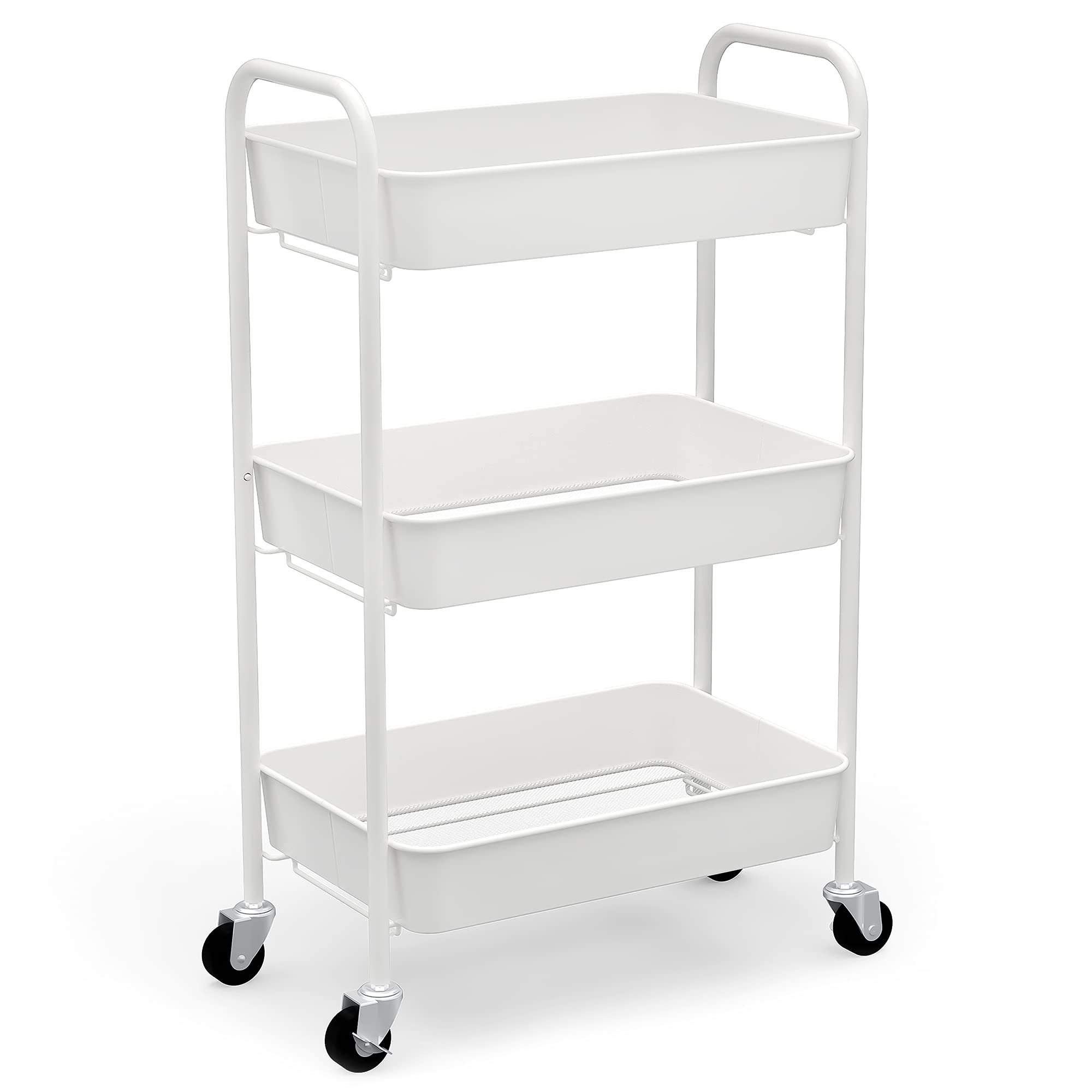 CAXXA 3-tier rolling storage cart demonstrates compact, versatile storage solution.