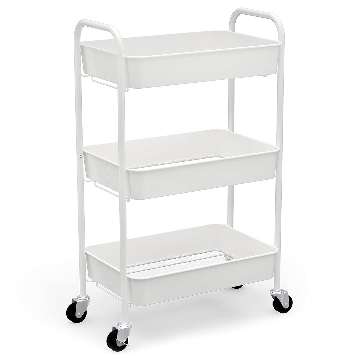 CAXXA 3-tier rolling storage cart demonstrates compact, versatile storage solution.