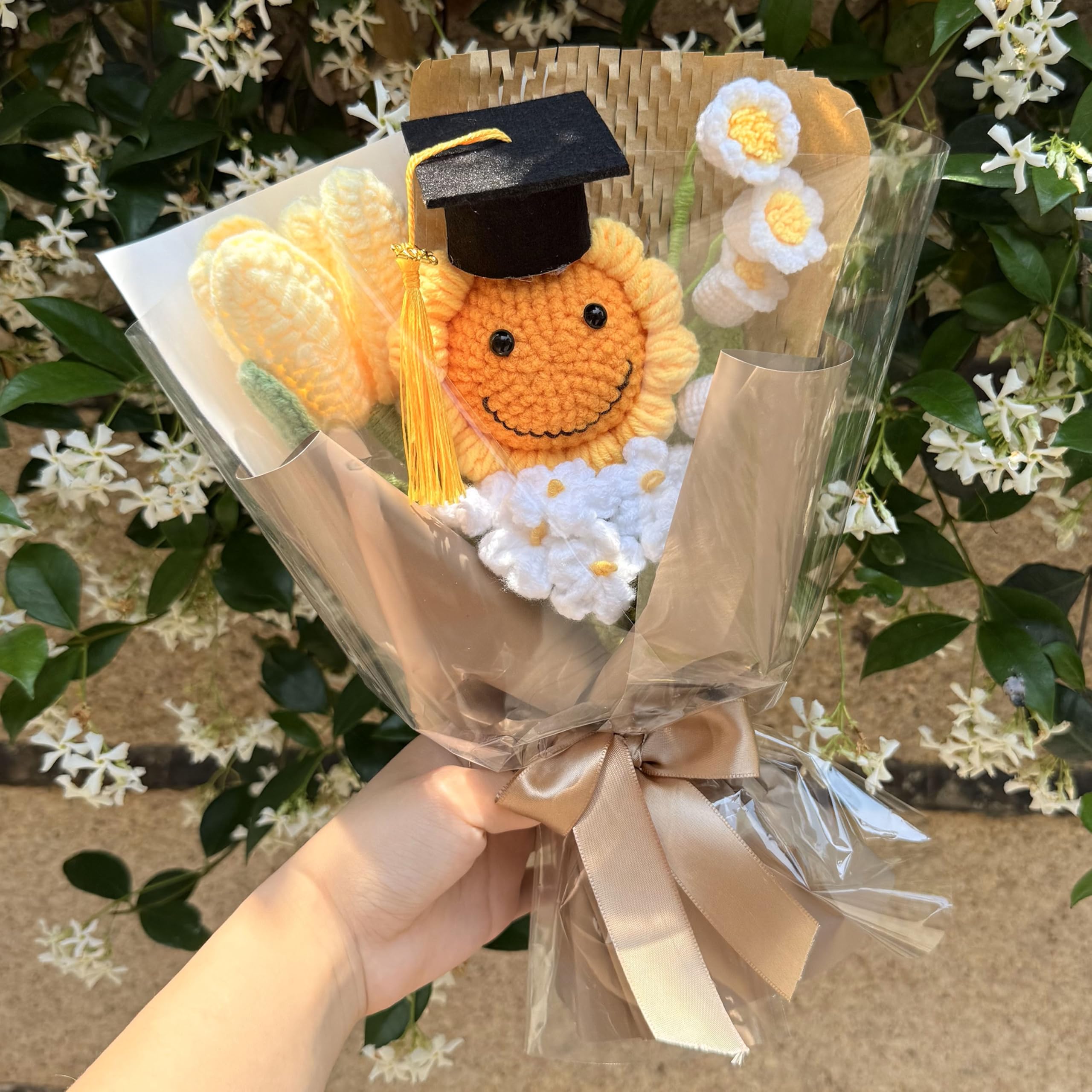 Cayiibe graduation bouquet of crocheted flowers commemorating milestone.