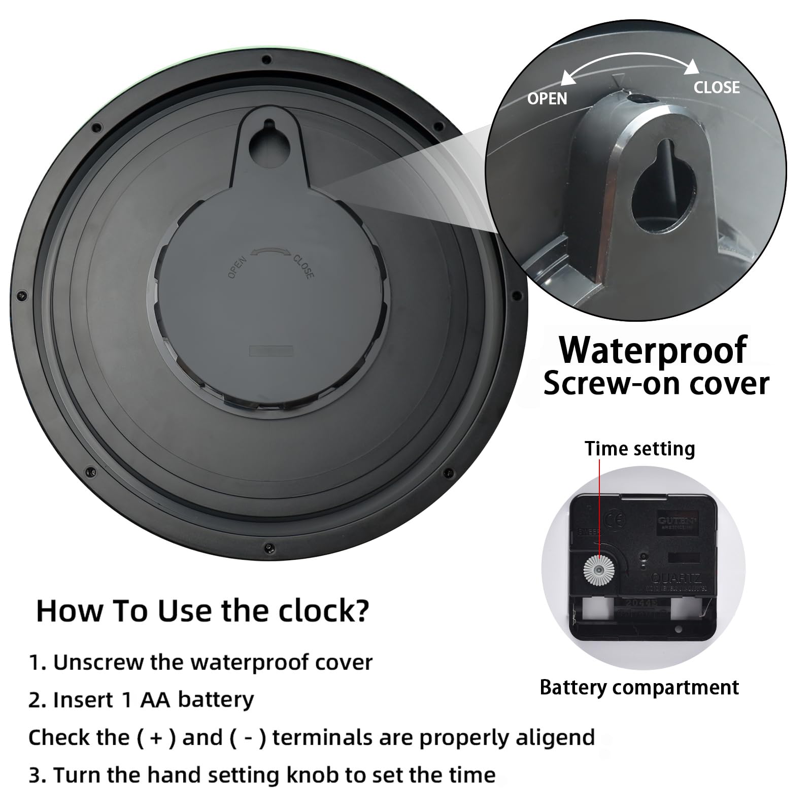 Caysie durable plastic frame clock withstands sun and rain outdoors.