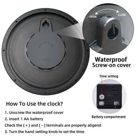 Caysie durable plastic frame clock withstands sun and rain outdoors.