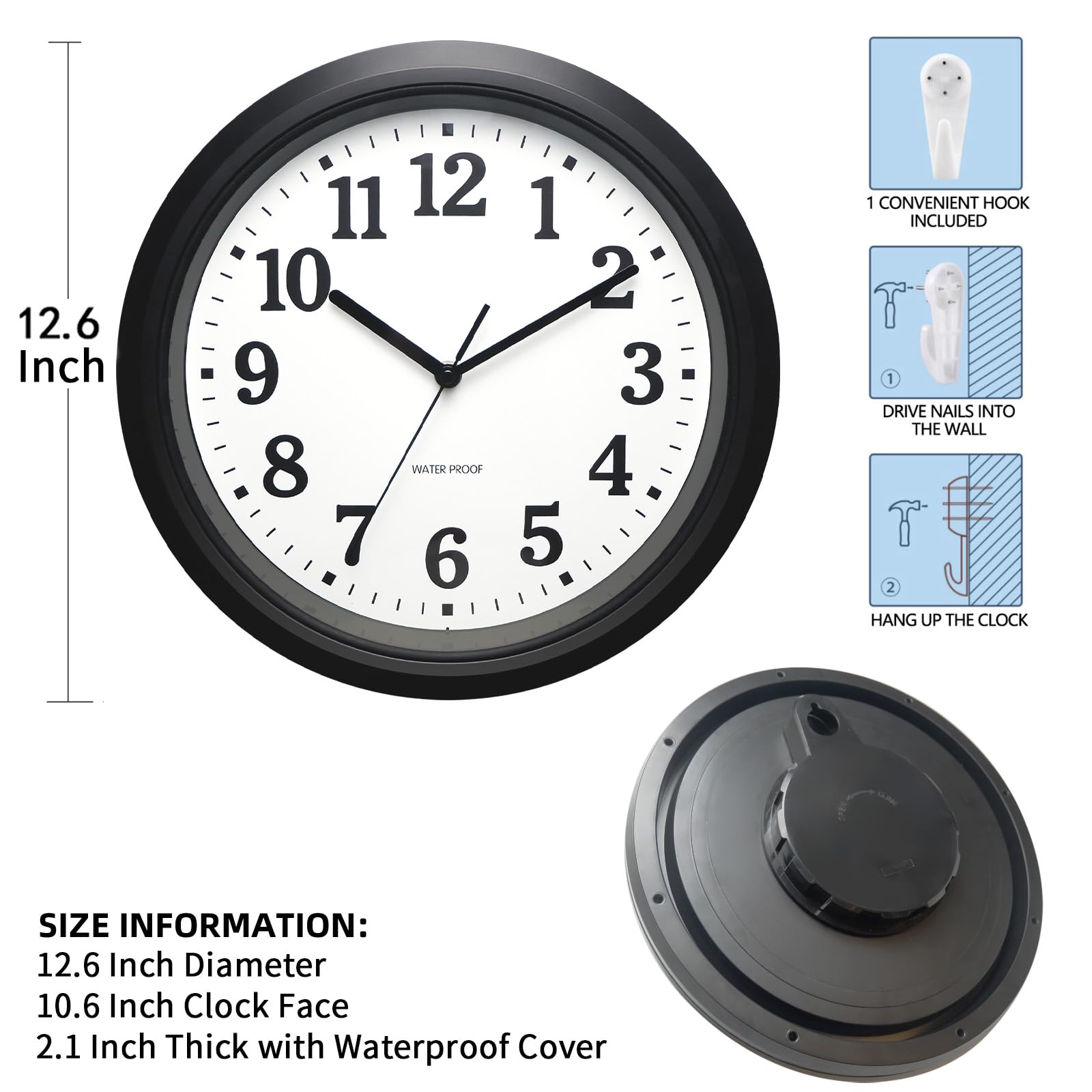 Caysie easy-hanging hook back-slot clock for quick, secure mounting.