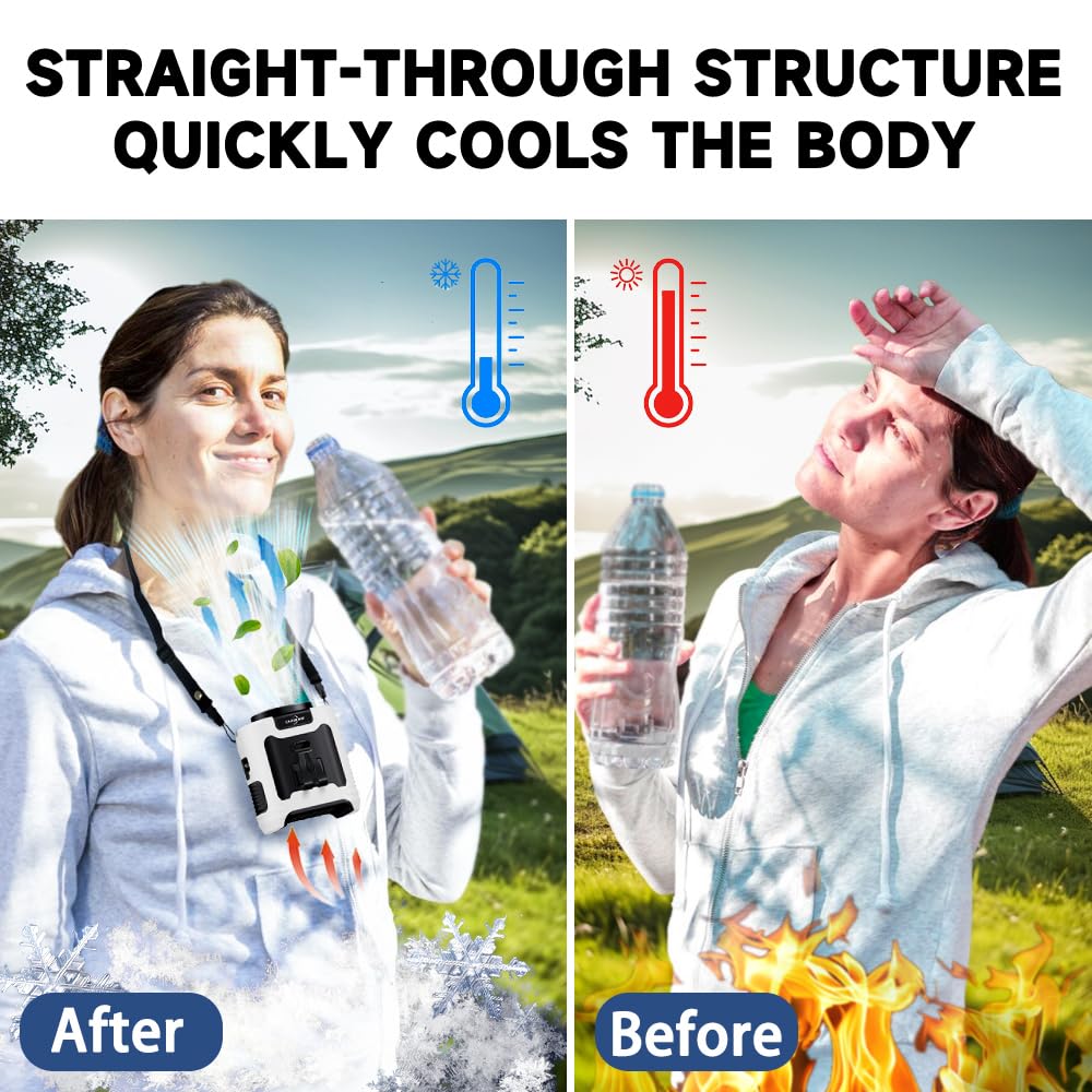 CAZOKASI 2024 neck-hanging fan demonstrates hands-free cooling during travel