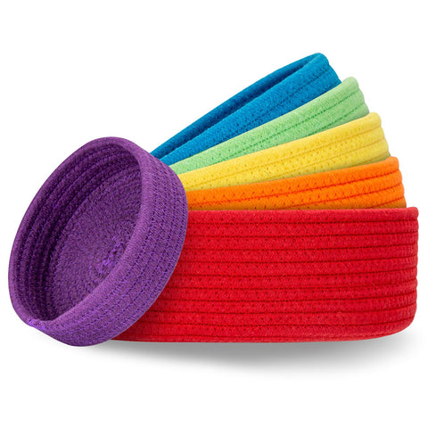Cazzon Rainbow round cotton rope bin on a shelf for compact storage