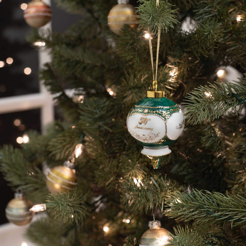 CBE Happy 50th Anniversary ornament gift box ships ready for gifting.