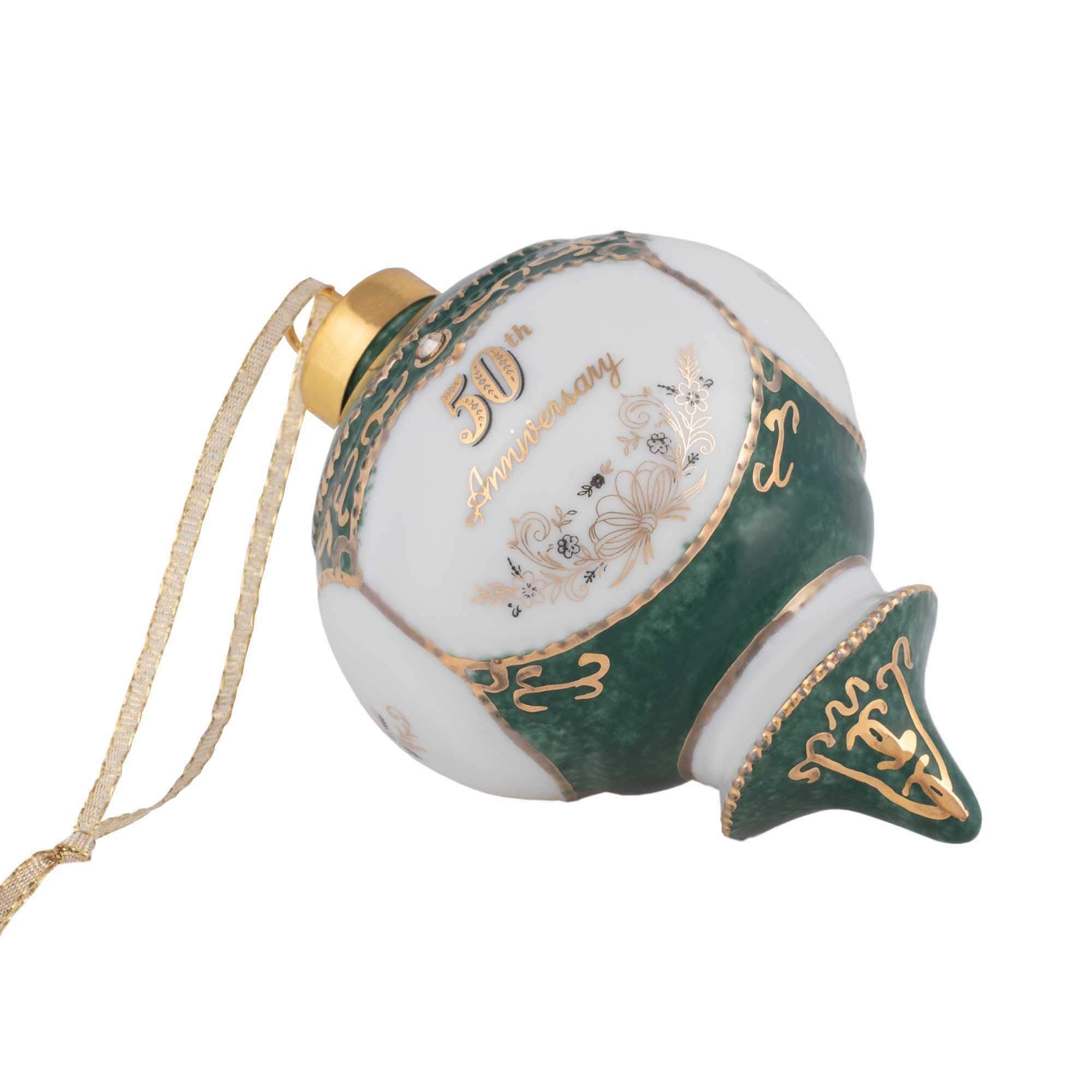CBE Happy 50th Anniversary ornament on stand ideal for year-round display.