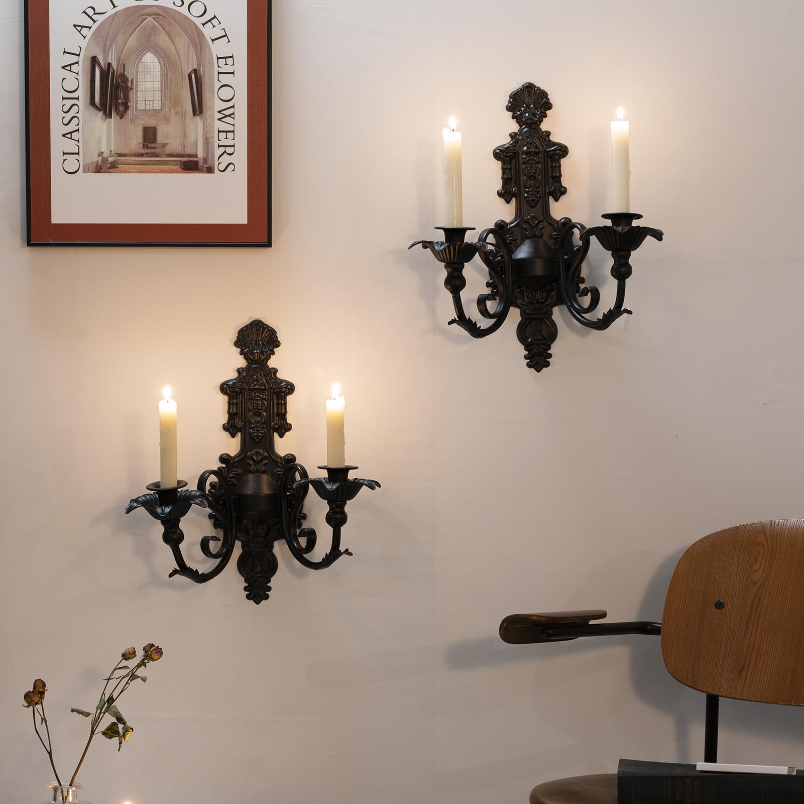 Close-up of CC Wonderland Zone Gothic sconce showing sturdy metal construction and black coating.