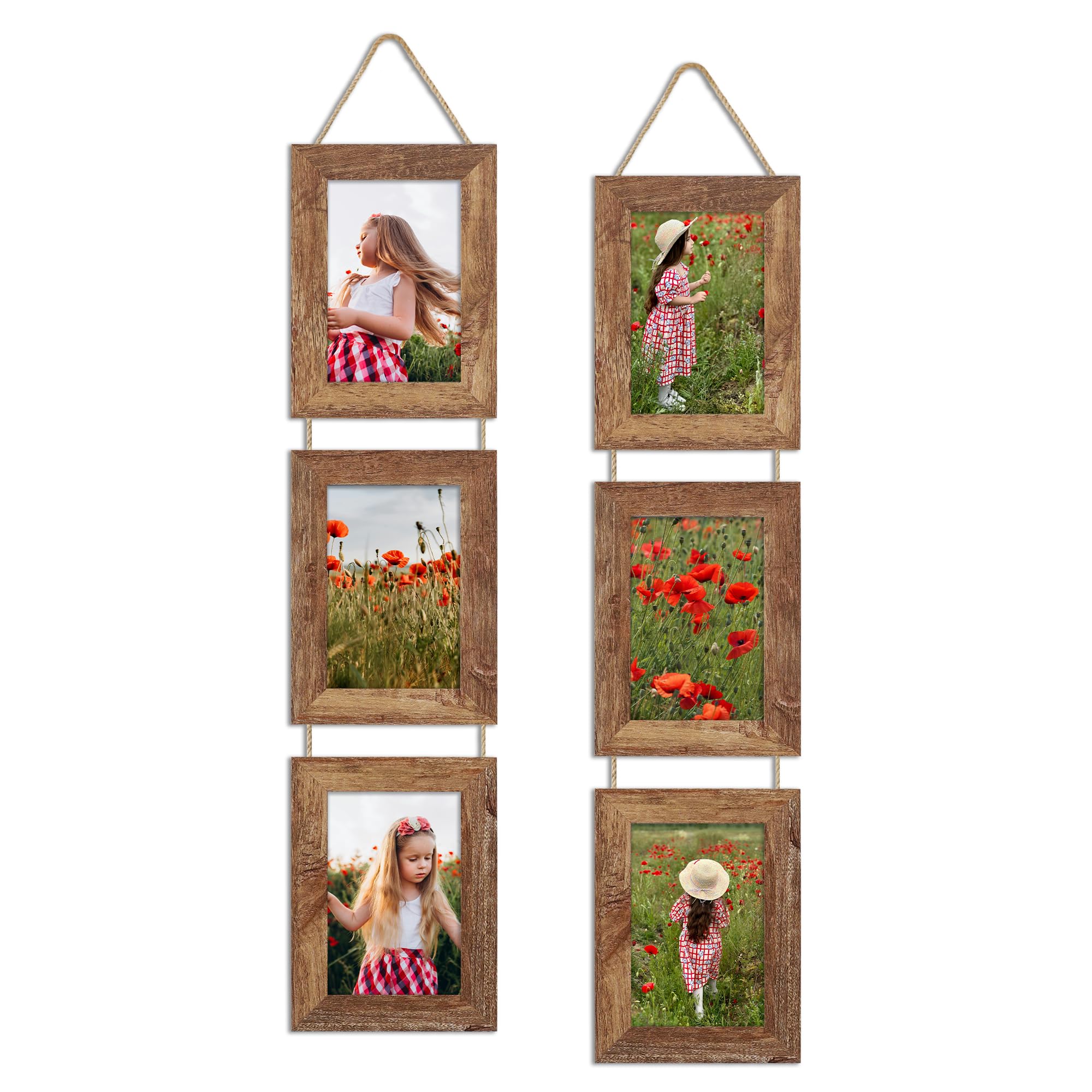 ccdcc rustic wood collage frame with three openings hanging from hemp rope for wall decor