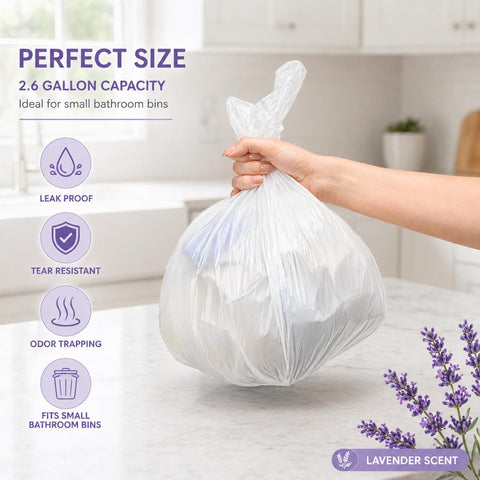 CCLINERS lavender trash bag in-bin demonstrates compact fit for small wastebaskets