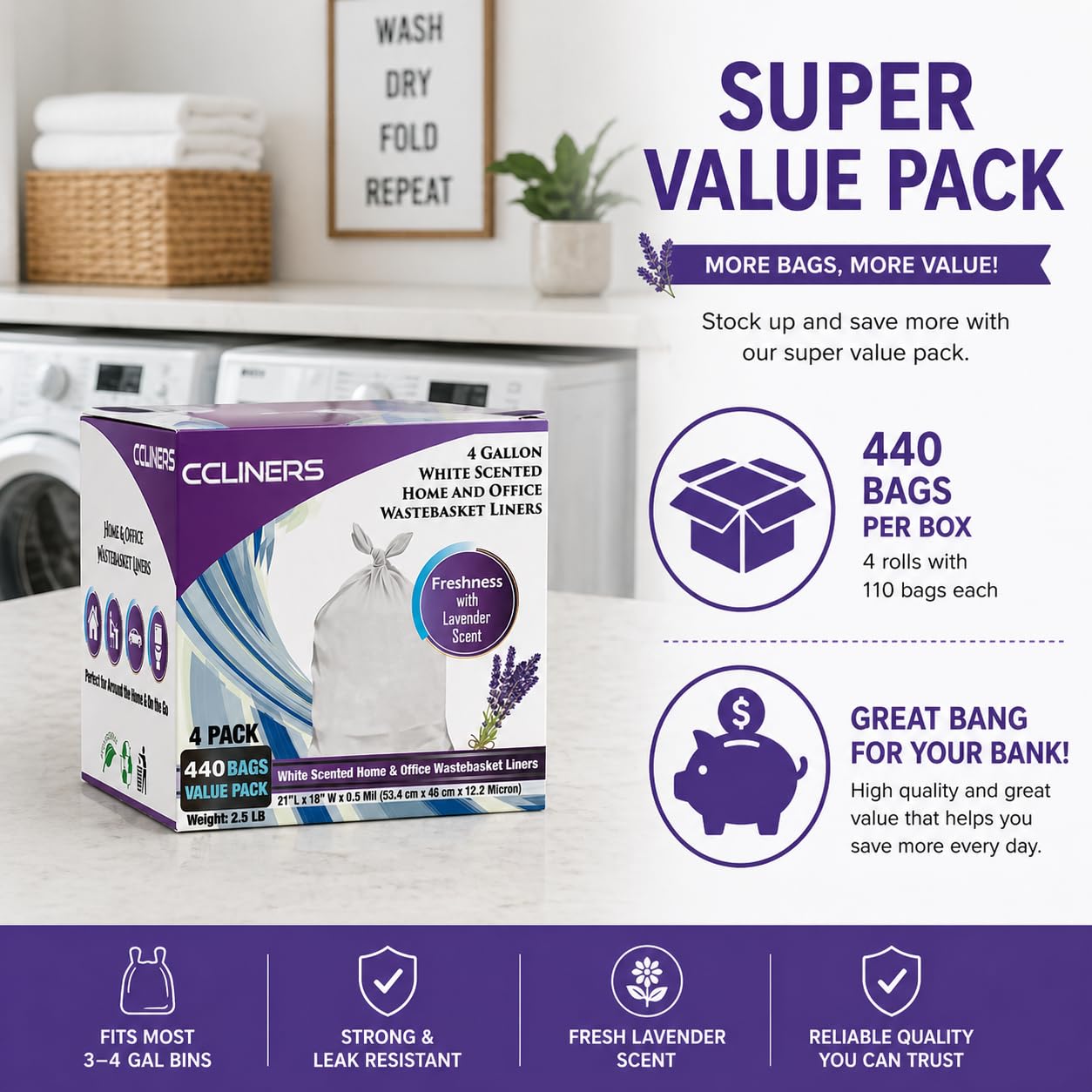 CCLINERS lavender bag roll demonstrates bulk practicality for busy homes