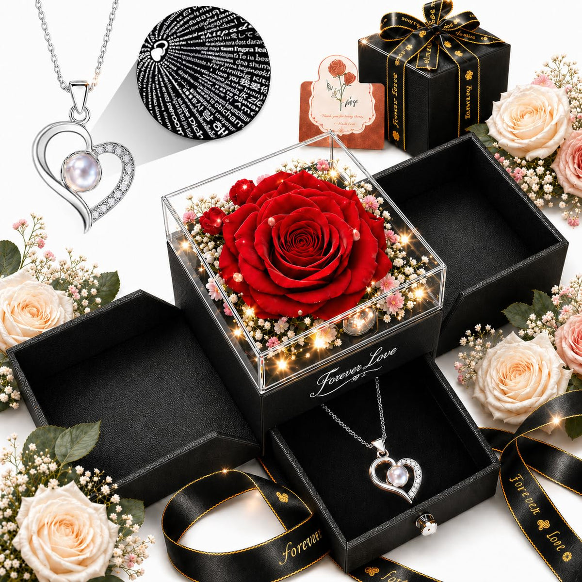 cdco Forever Love rose heart necklace shows inside message with I love you in 100 languages.
