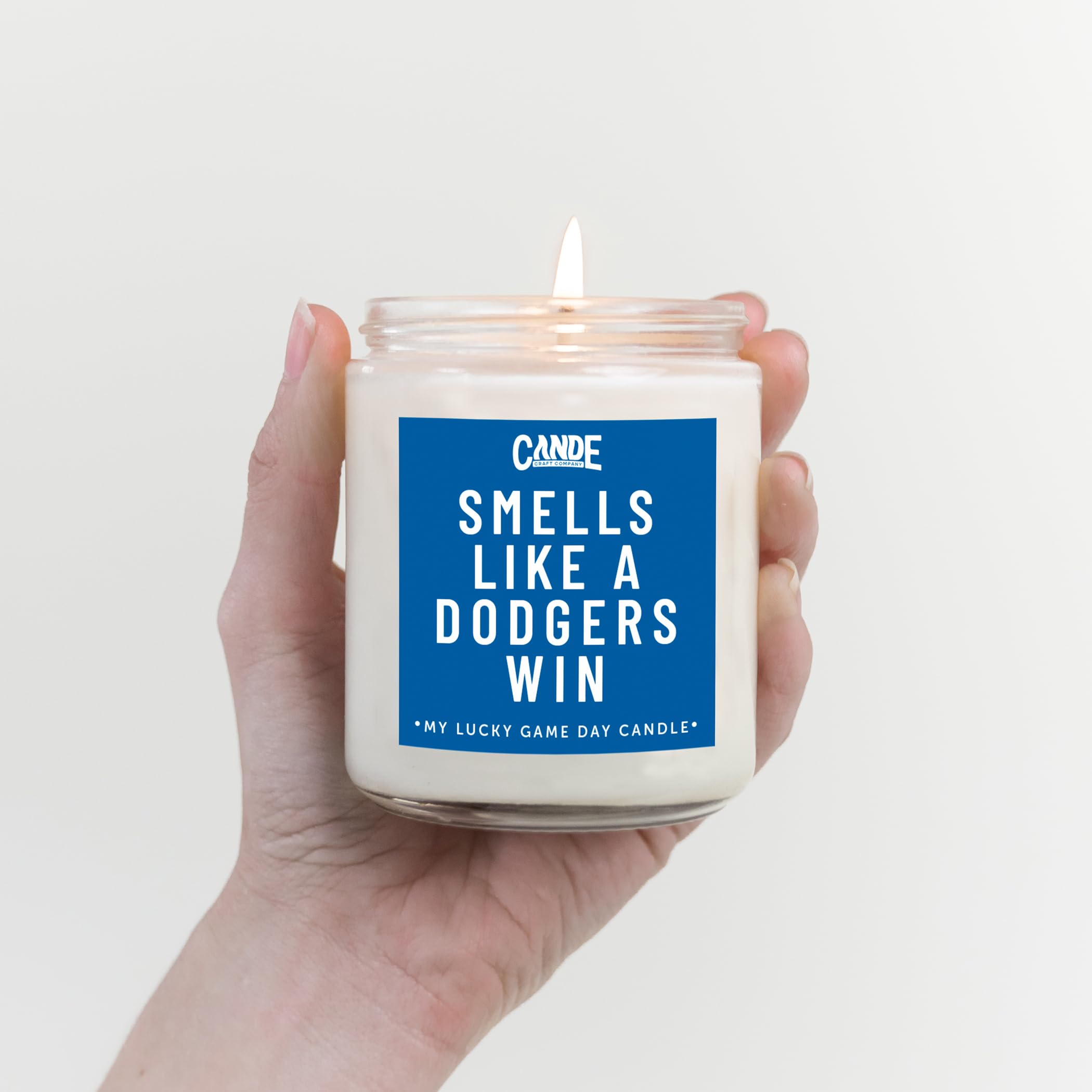 CE CRAFT Dodgers Win Candle jar label visible, premium display and gifting