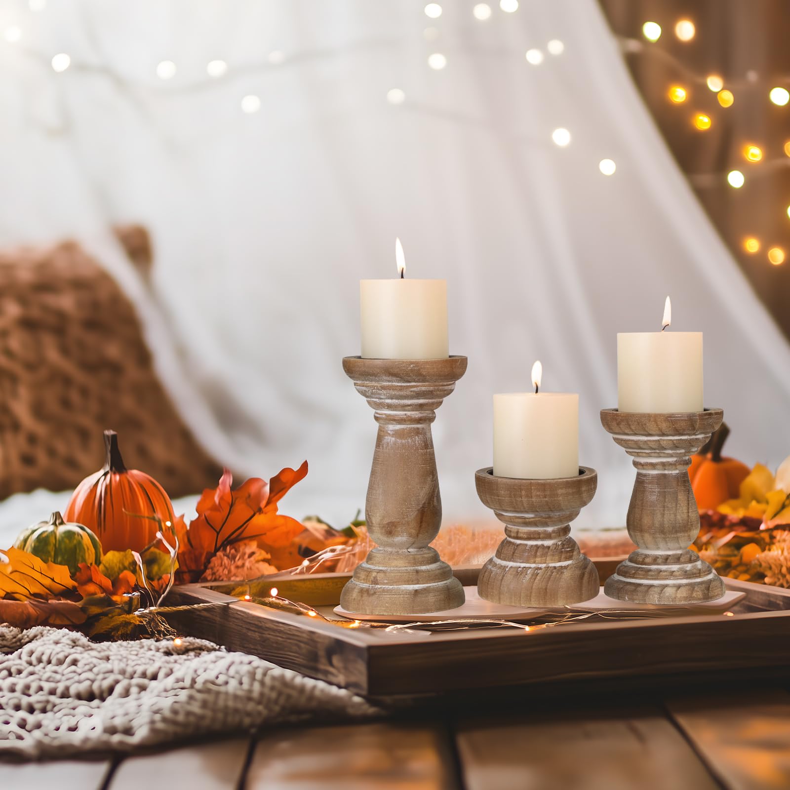 CEDARLUX farmhouse wood candle holder natural pine with iron cup detail.