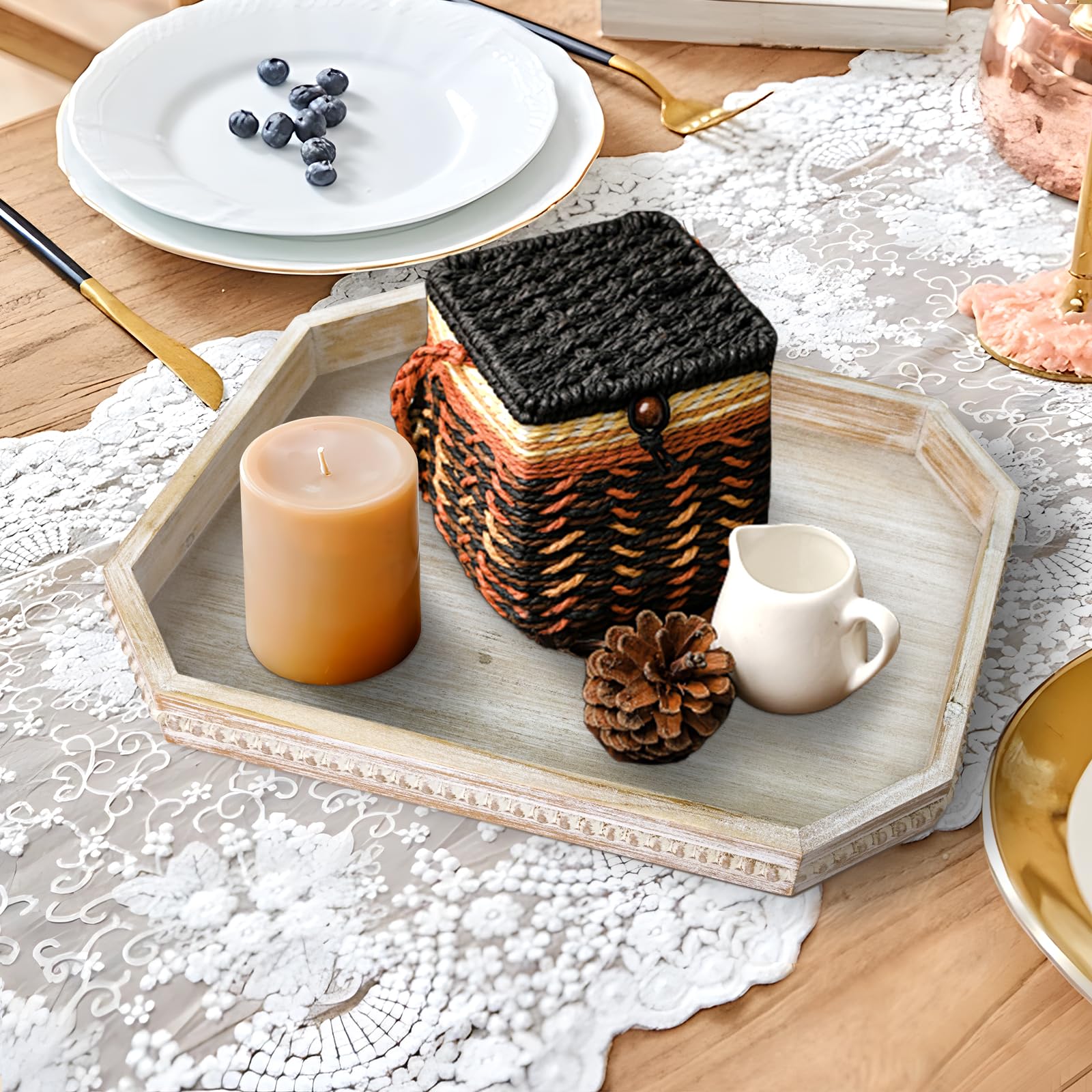 CEDARLUX tray styled as centerpiece with mini decor items for an inviting display.