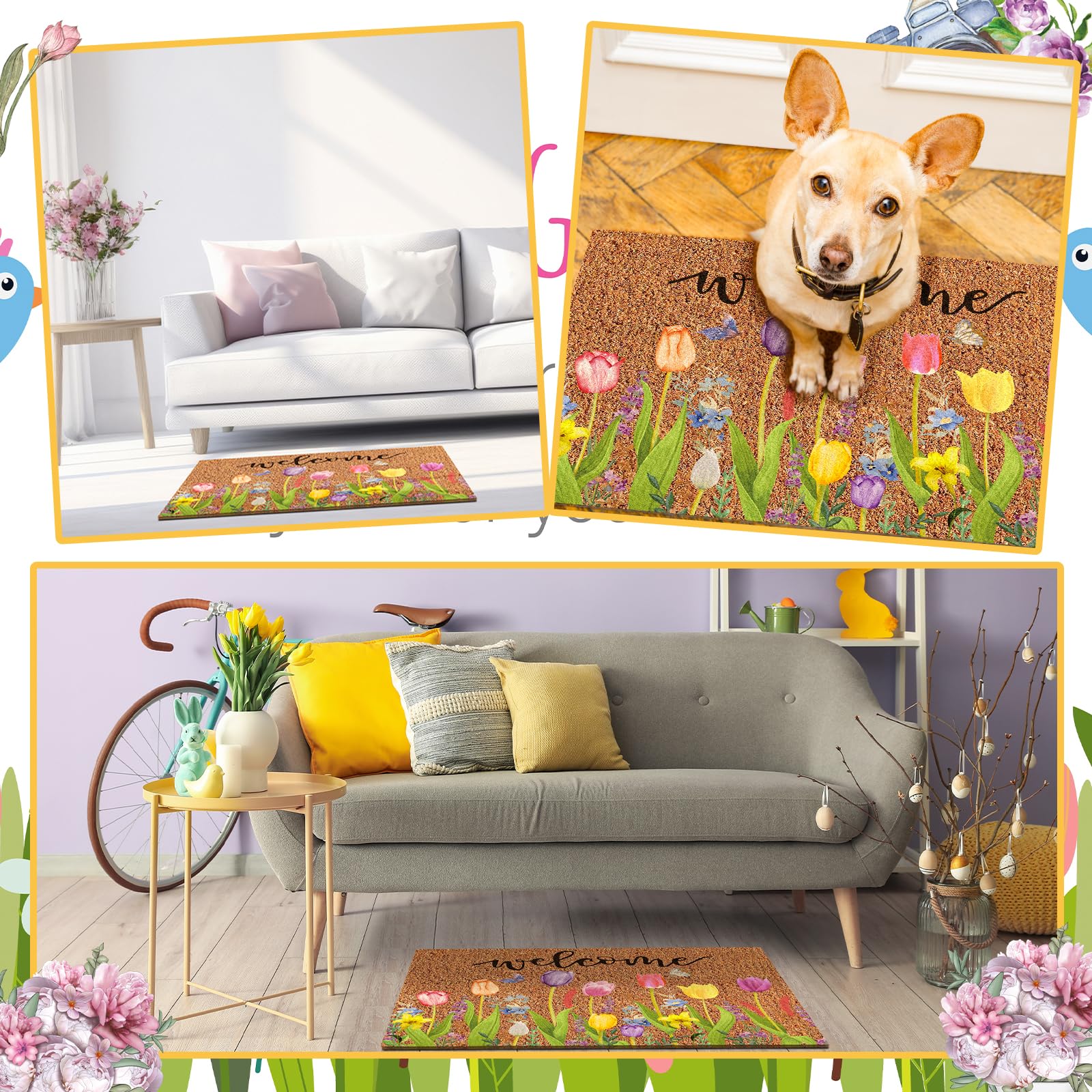 Ceenna front porch rug in floral pattern brightens the entryway.