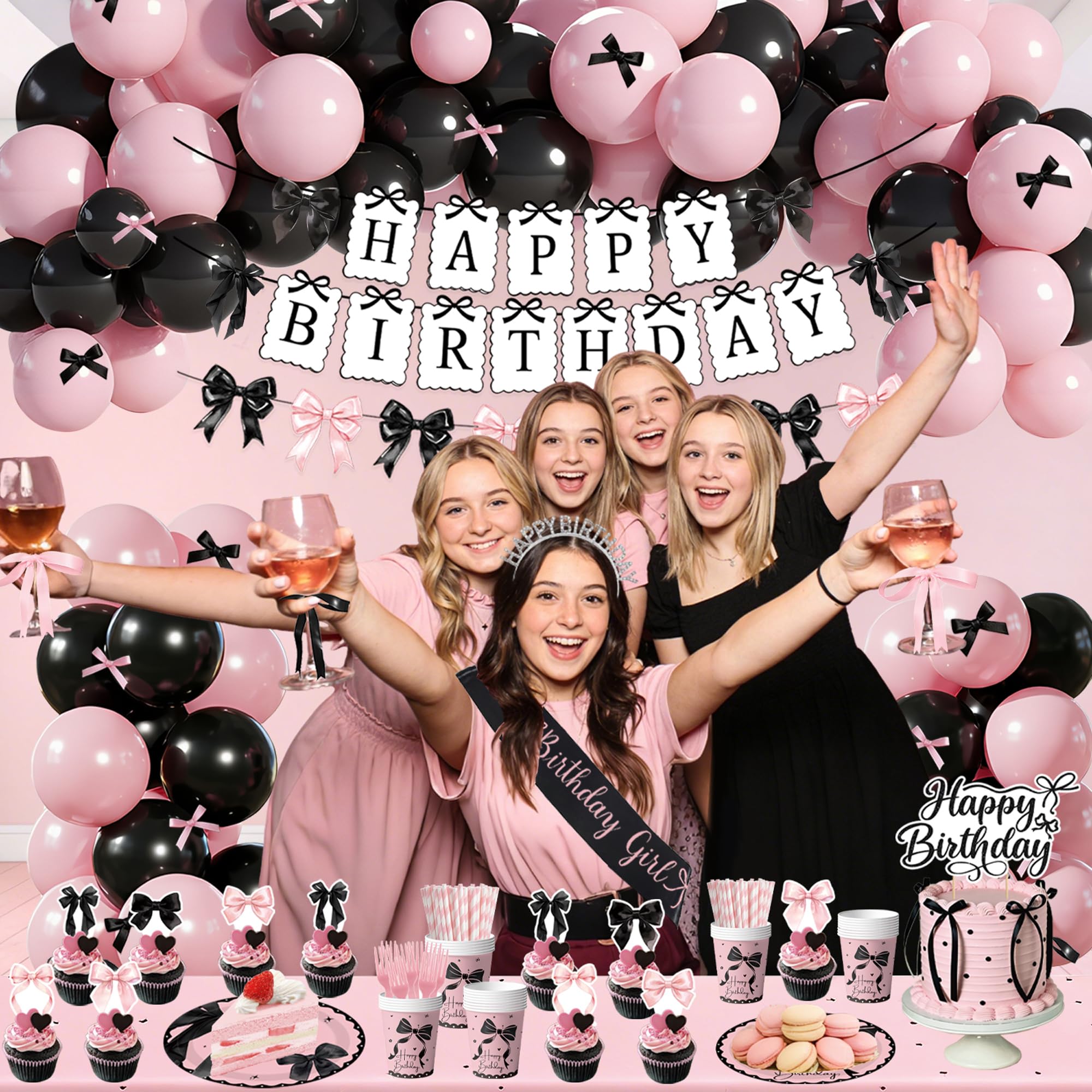CelebSpark pink-black tablecloth enhances the party tablescape