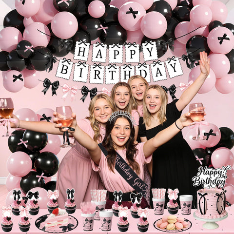 CelebSpark pink-black tablecloth enhances the party tablescape