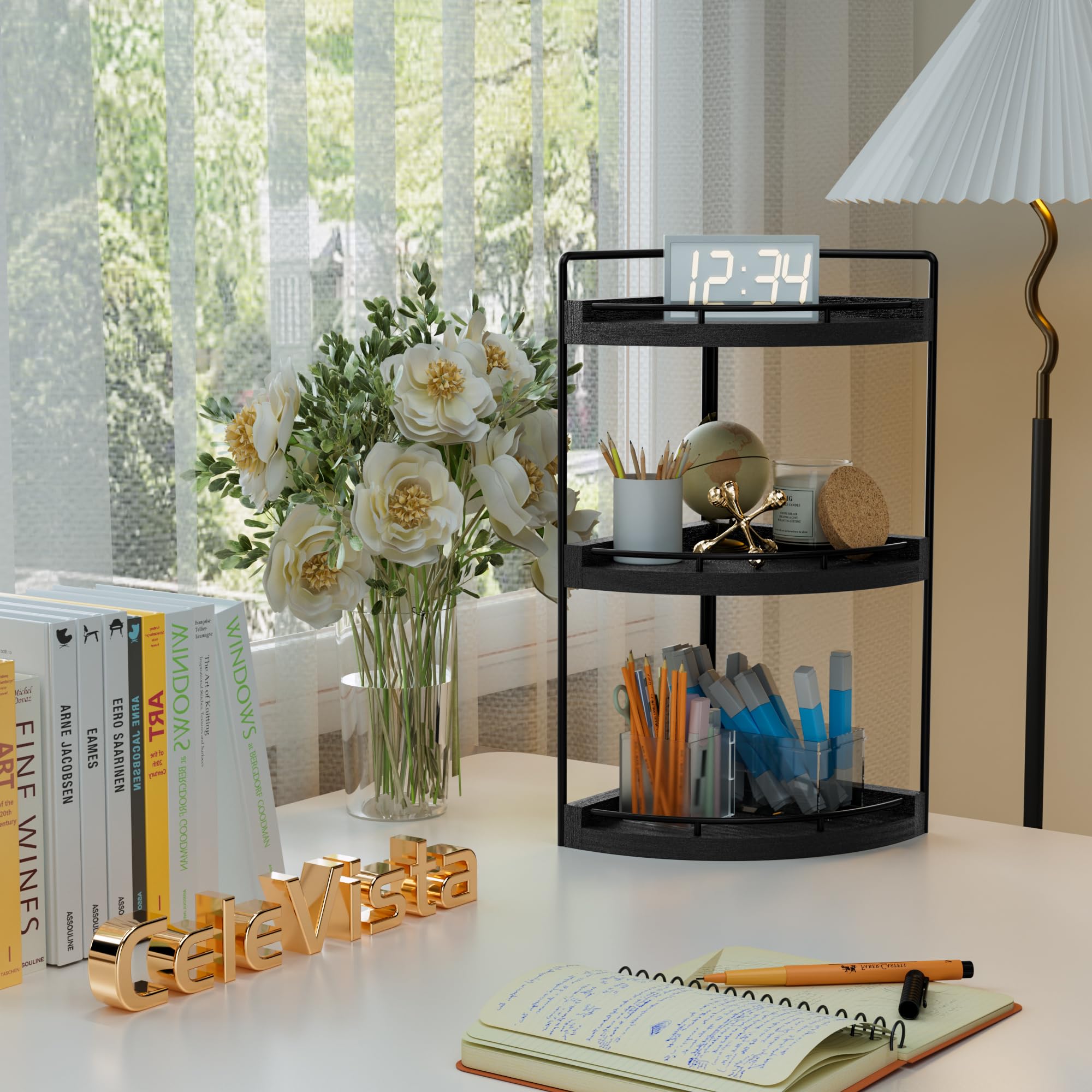 CeleVista bathroom counter shelf front view highlights accessible cosmetics arrangement.