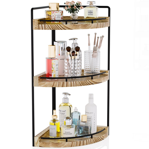 CeleVista corner bathroom organizer with 3-tier shelves keeps countertops organized.