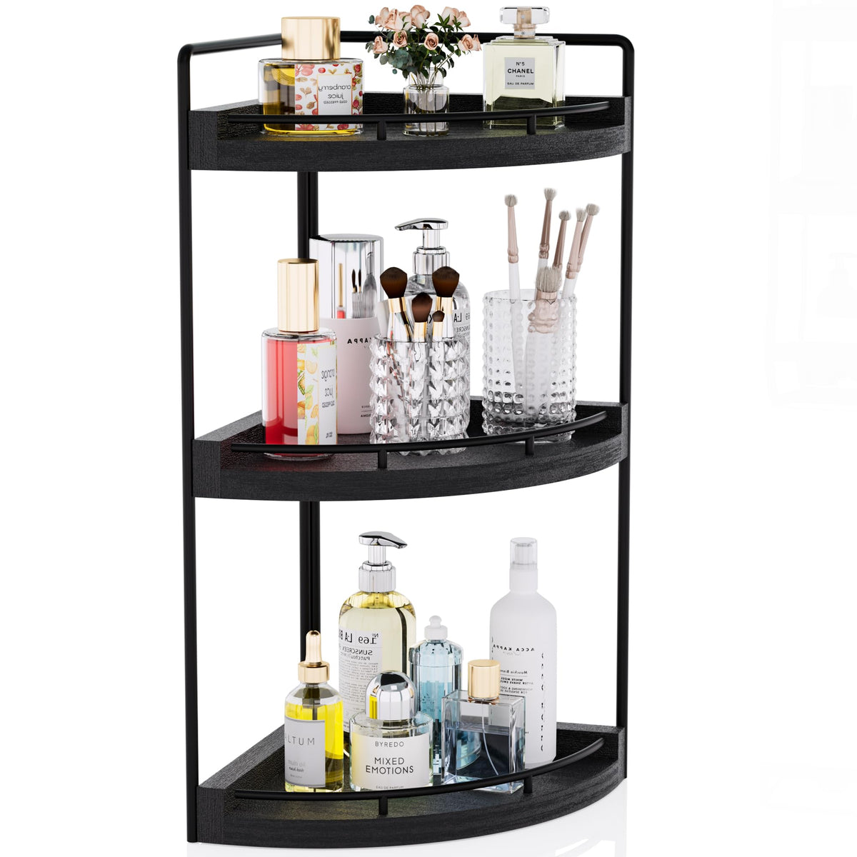 CeleVista corner bathroom organizer 3-tier layout for compact vanity storage.