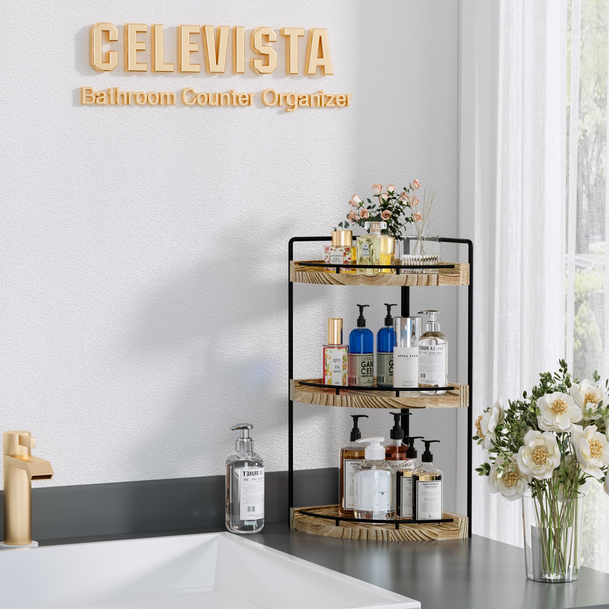 CeleVista corner shelf fits 90-degree corners to save counter space.