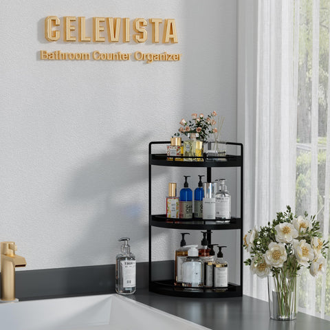 CeleVista wooden corner shelf 3-tier showcases space-saving storage in black.
