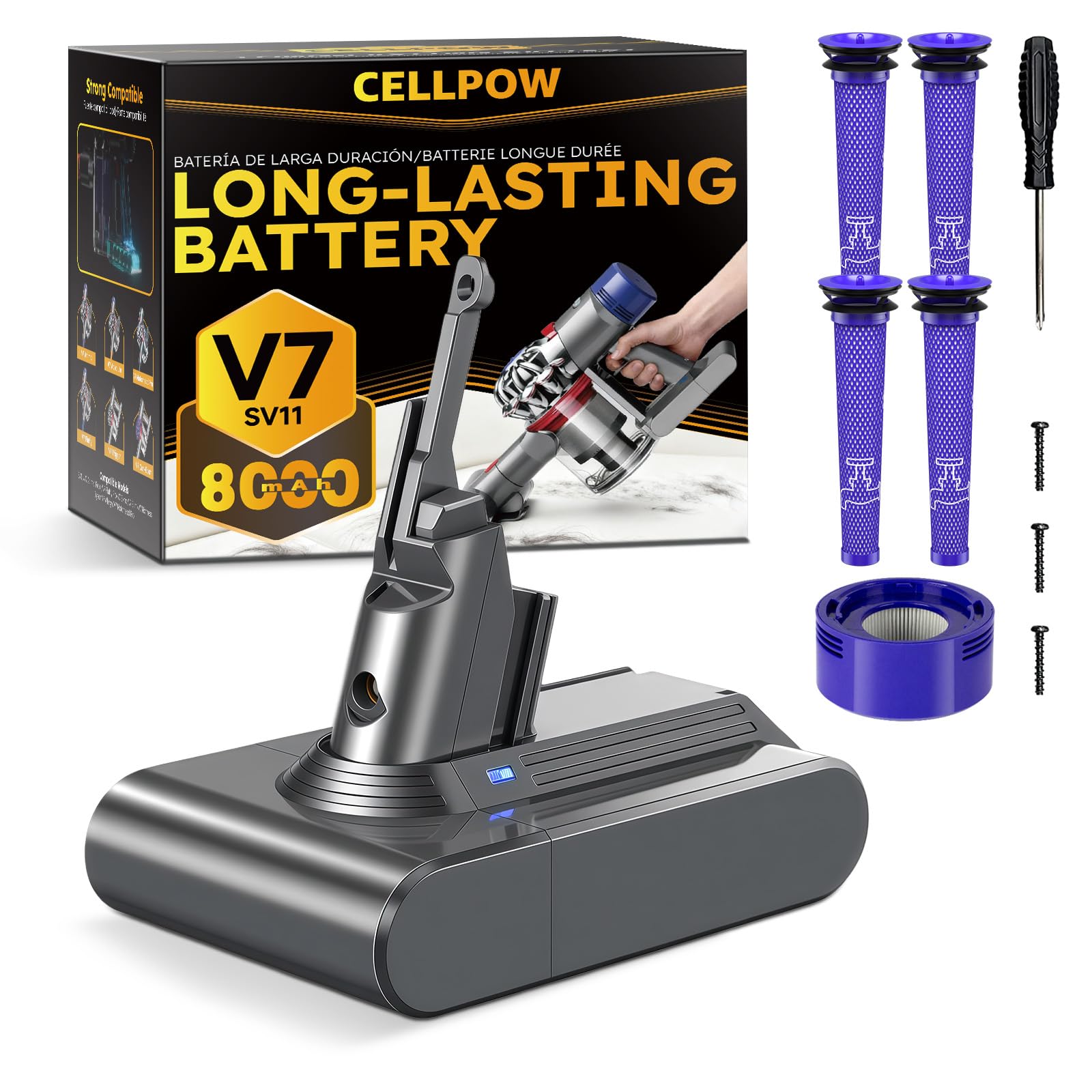 CELLPOW upgraded 8000mAh V7 battery powering extended cleaning sessions