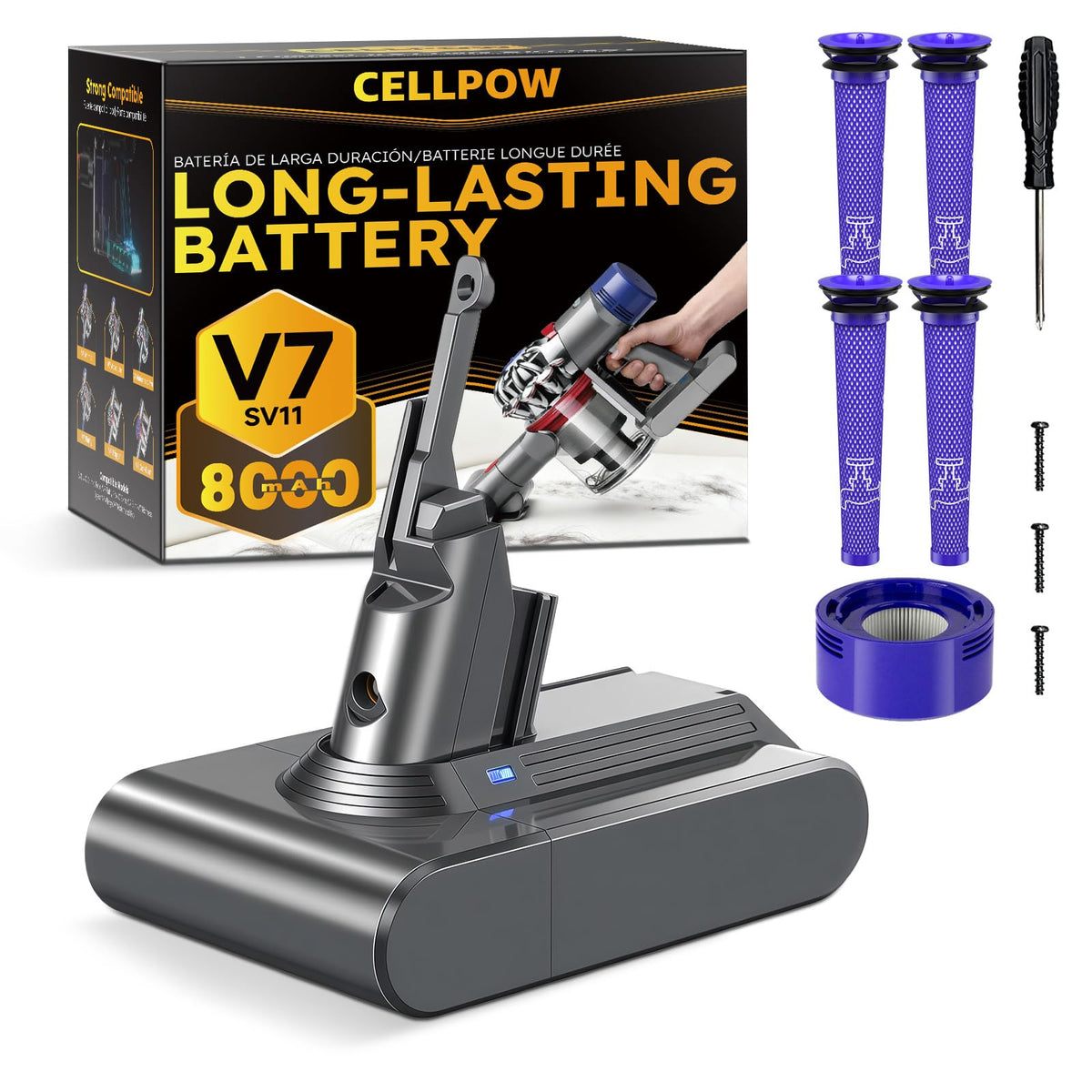 CELLPOW upgraded 8000mAh V7 battery powering extended cleaning sessions