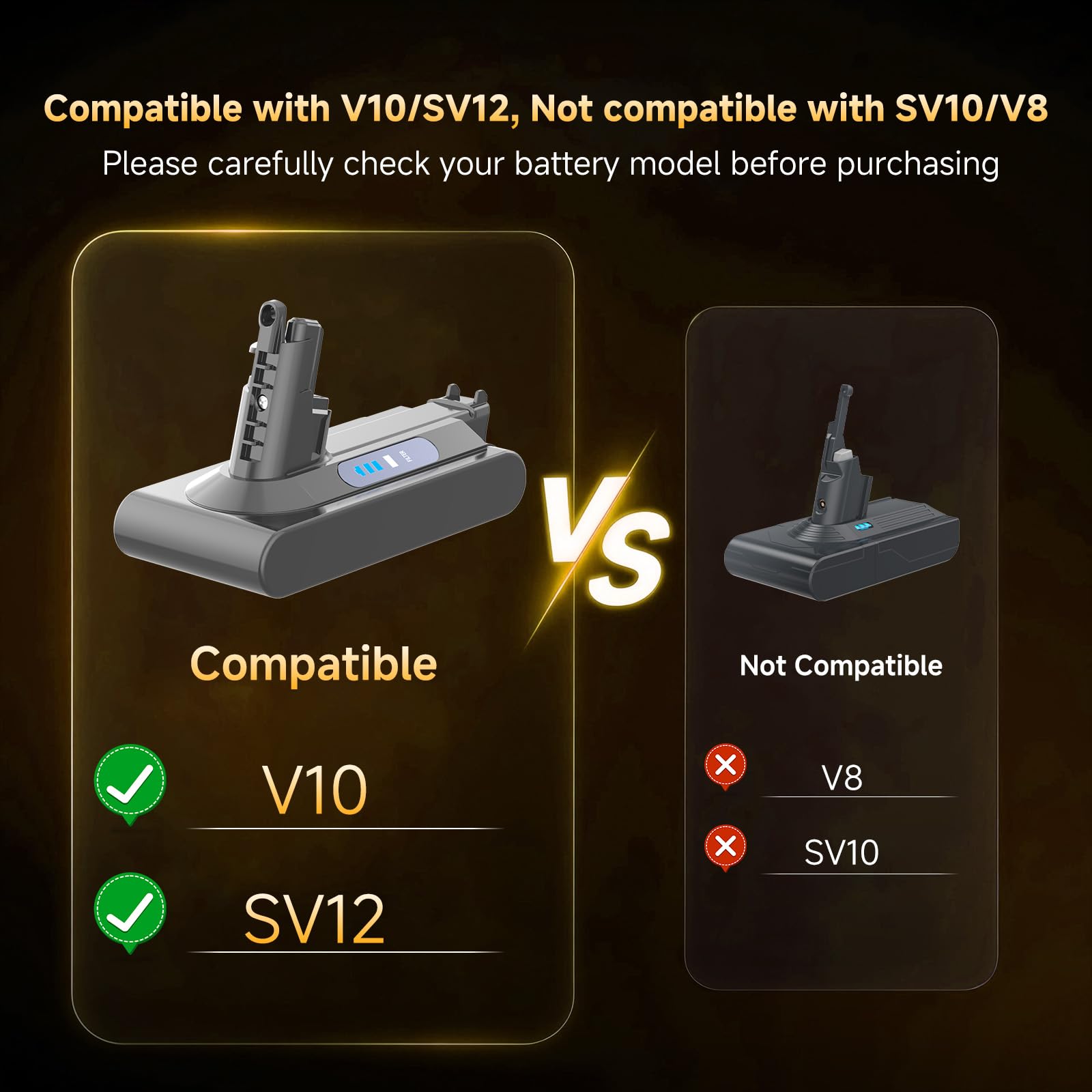 CELLPOW V10 battery compatibility with Dyson V10 Animal, Absolute, and Motorhead models.