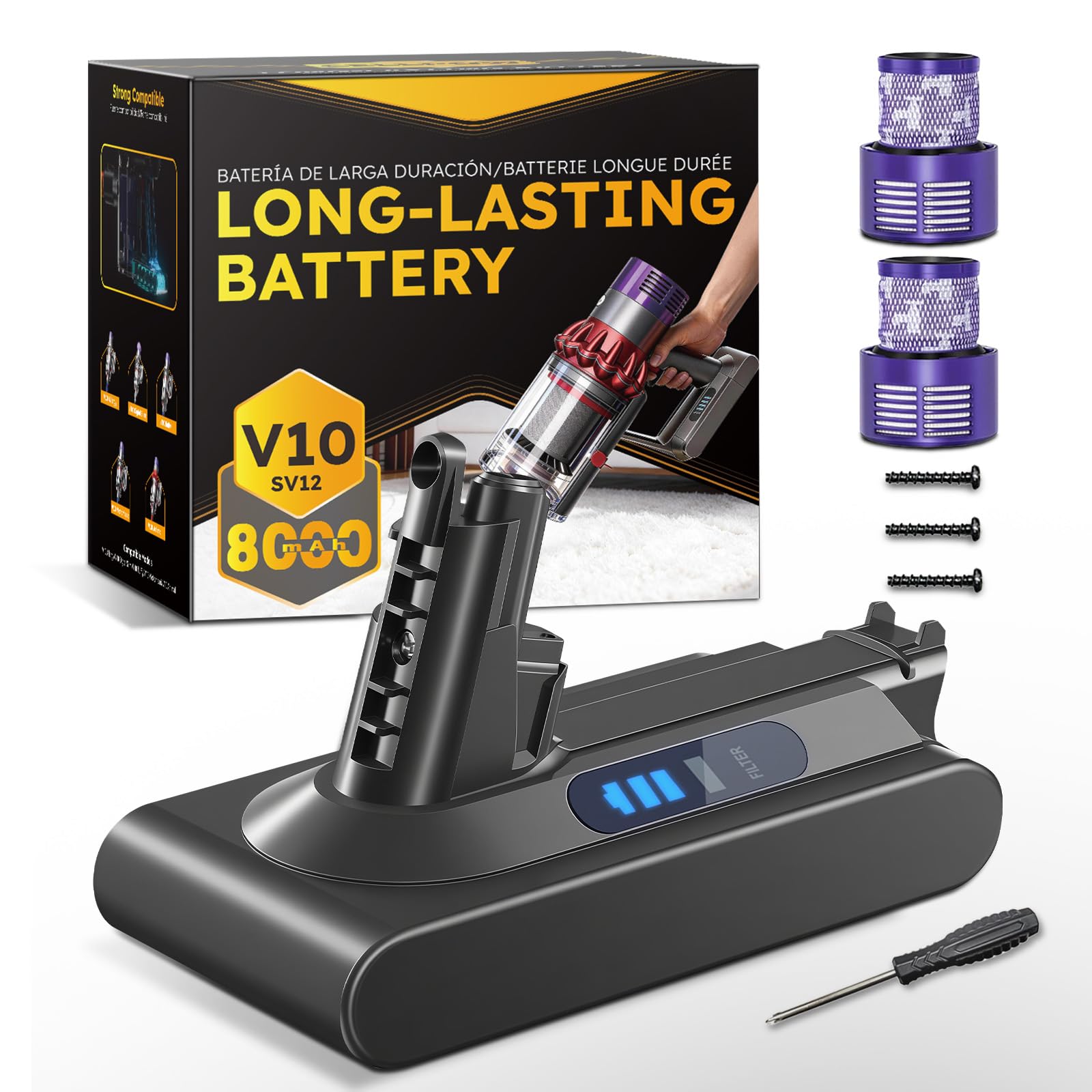 CELLPOW V10 battery replacement shown for extended runtime on a Dyson vacuum.